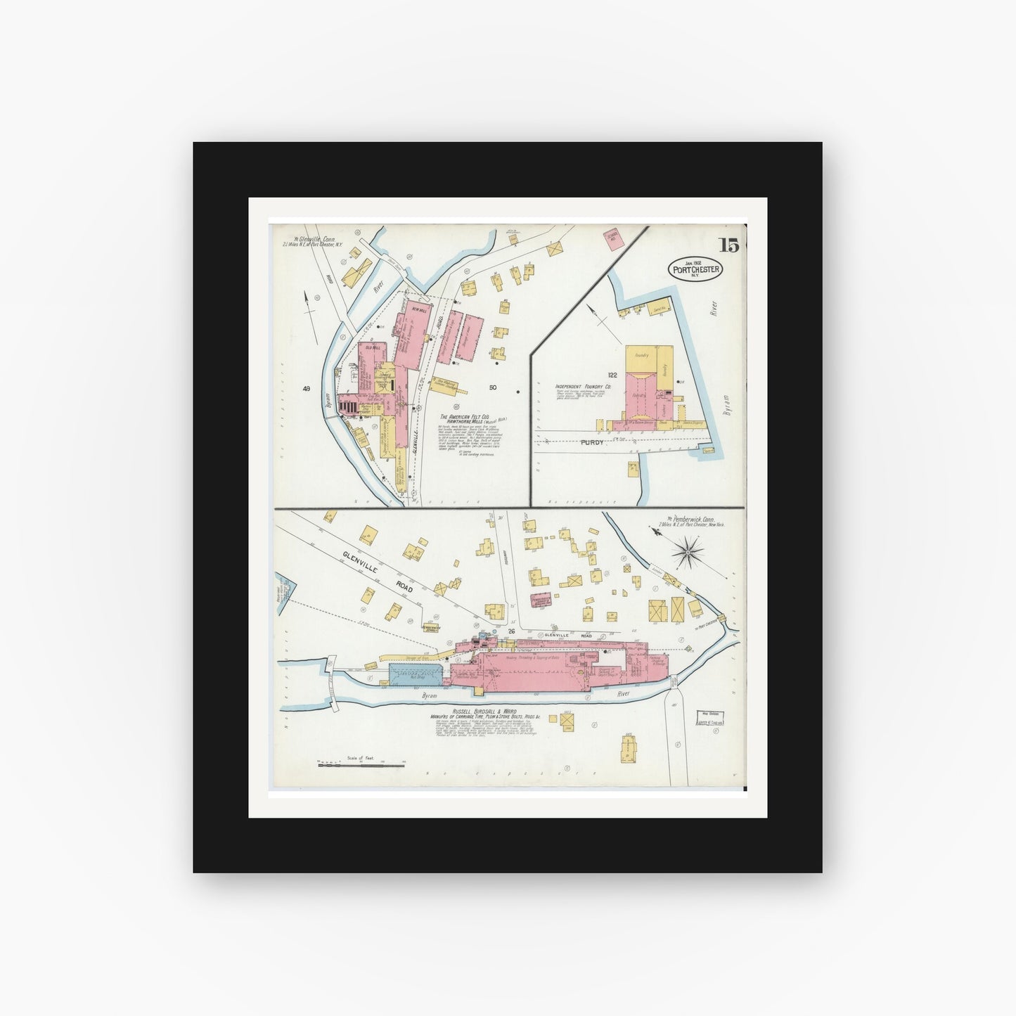 Old map wall art mockup — black gallery frame with white mat — Sanborn Fire Insurance Map from Port Chester, Westchester County, New York (1902), Sheet #0015