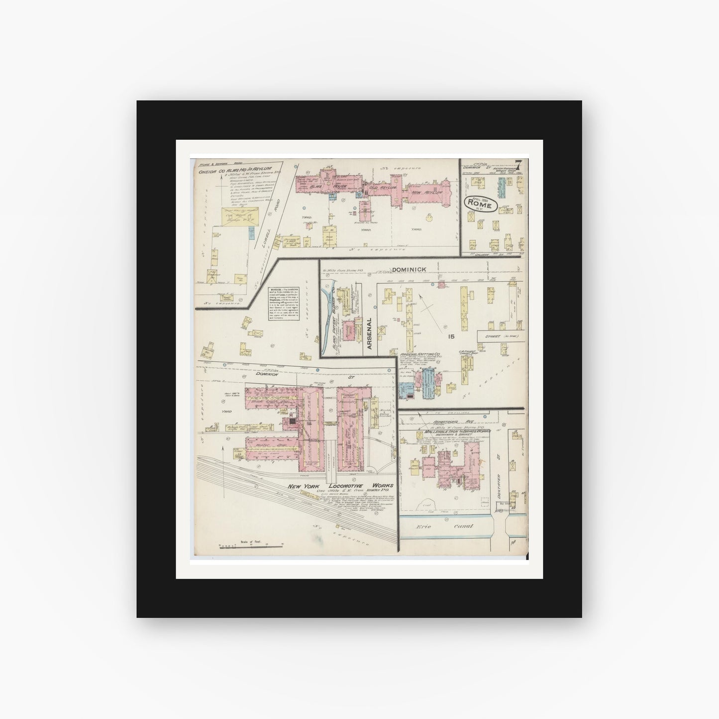 Old map wall art mockup — black gallery frame with white mat — Sanborn Fire Insurance Map from Rome, Oneida County, New York (1884), Sheet #0007