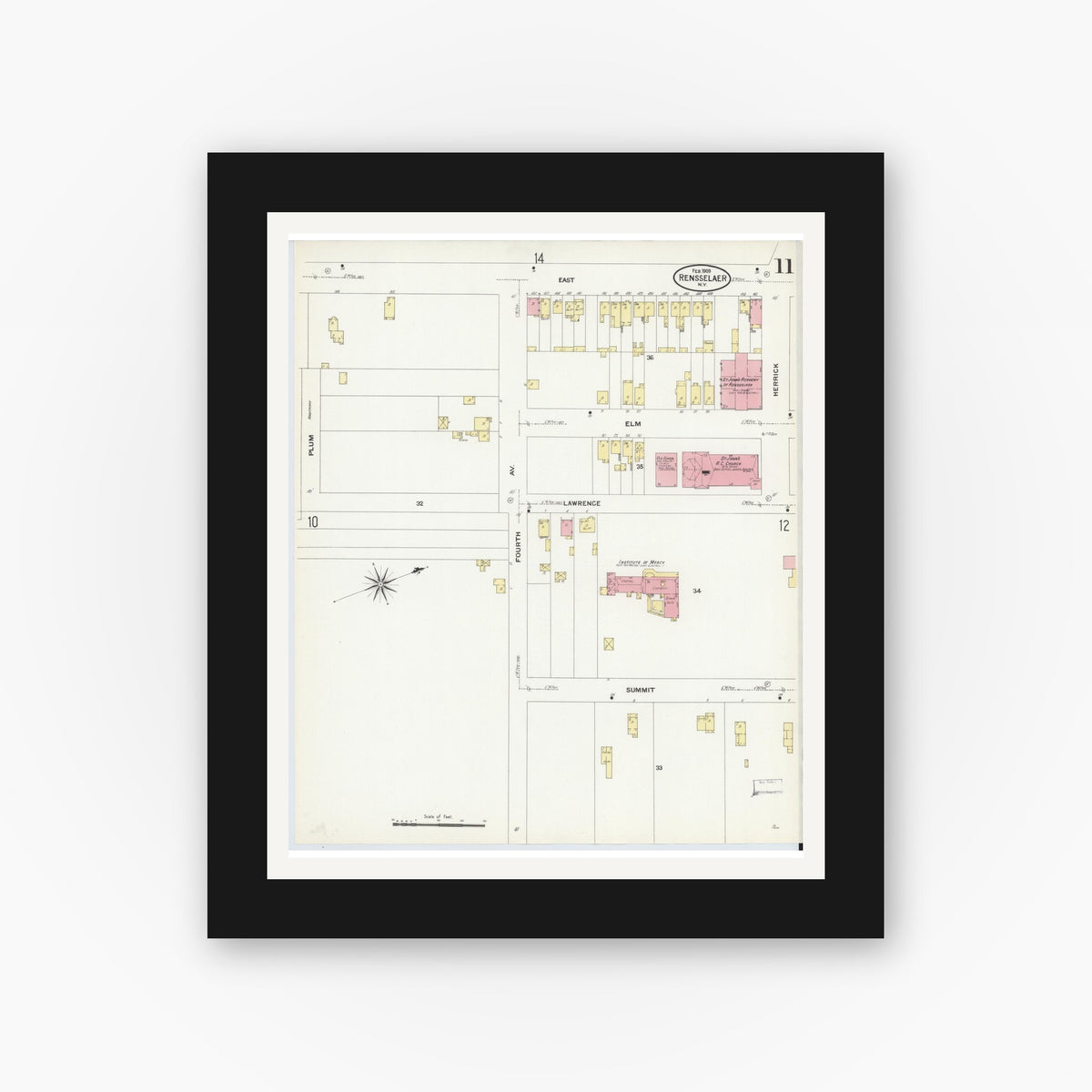 Old map wall art mockup — black gallery frame with white mat — Sanborn Fire Insurance Map from Rensselaer, Rensselaer County, New York (1909), Sheet #0011