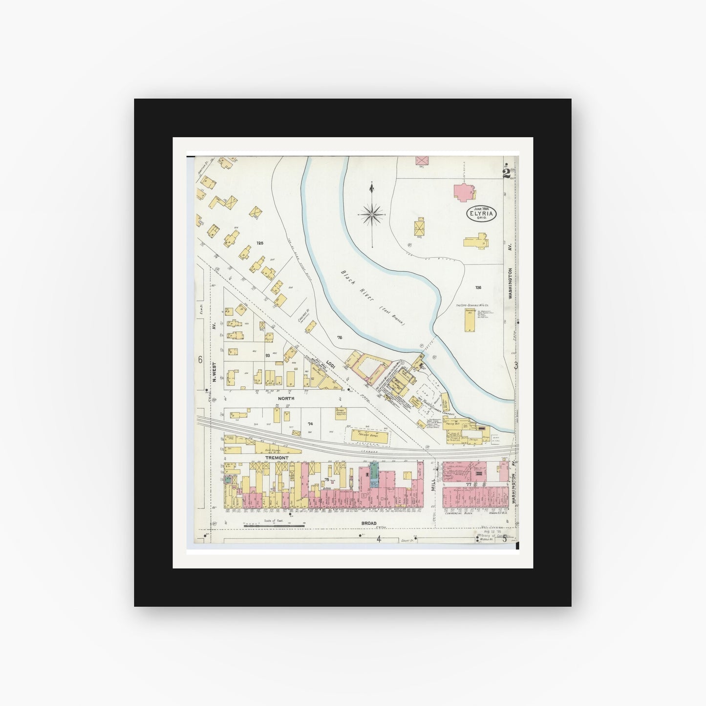 Old map wall art mockup — black gallery frame with white mat — Sanborn Fire Insurance Map from Elyria, Lorain County, Ohio (1904), Sheet #0002