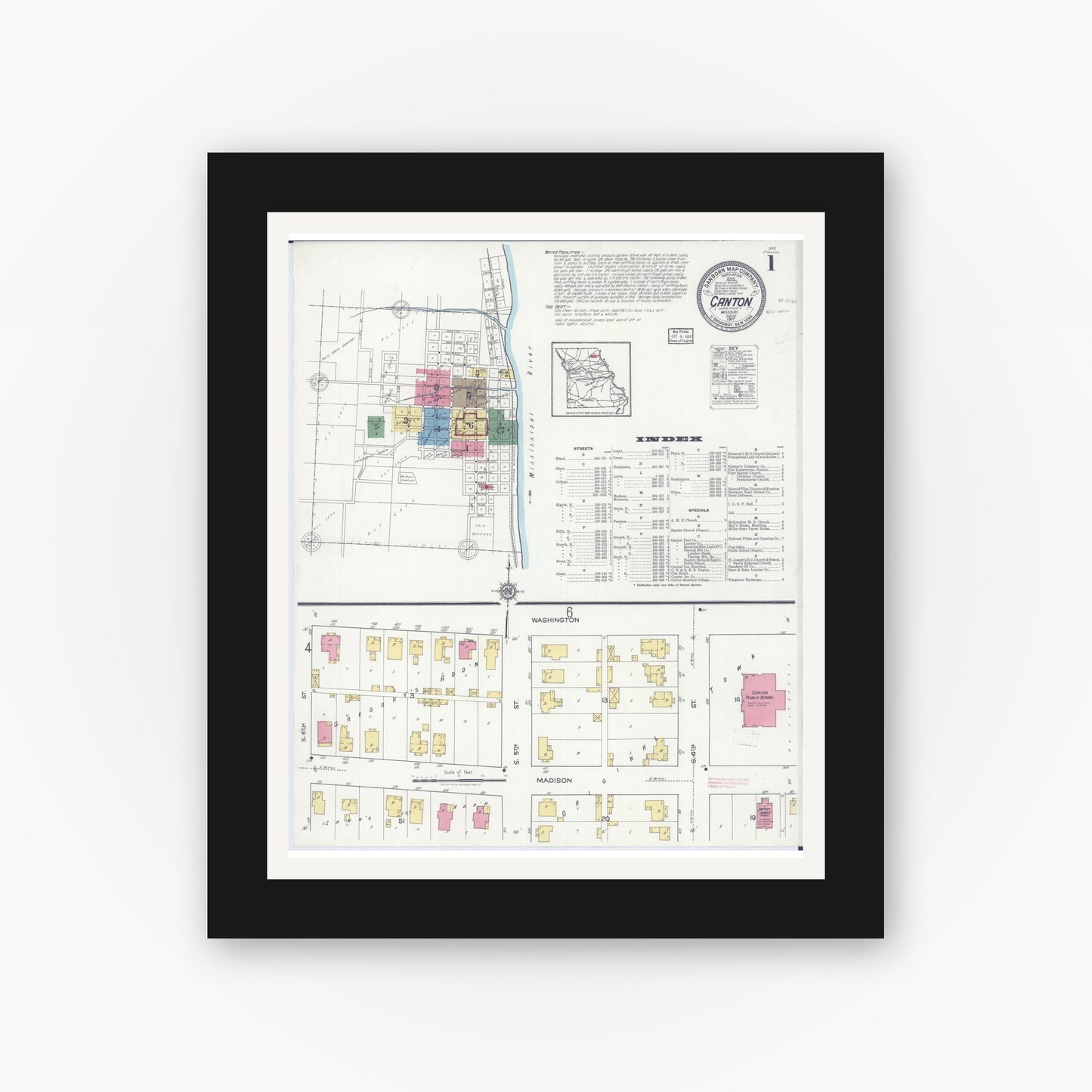 Old map wall art mockup — black gallery frame with white mat — Sanborn Fire Insurance Map from Canton, Lewis County, Missouri (1917) - Complete Map Set