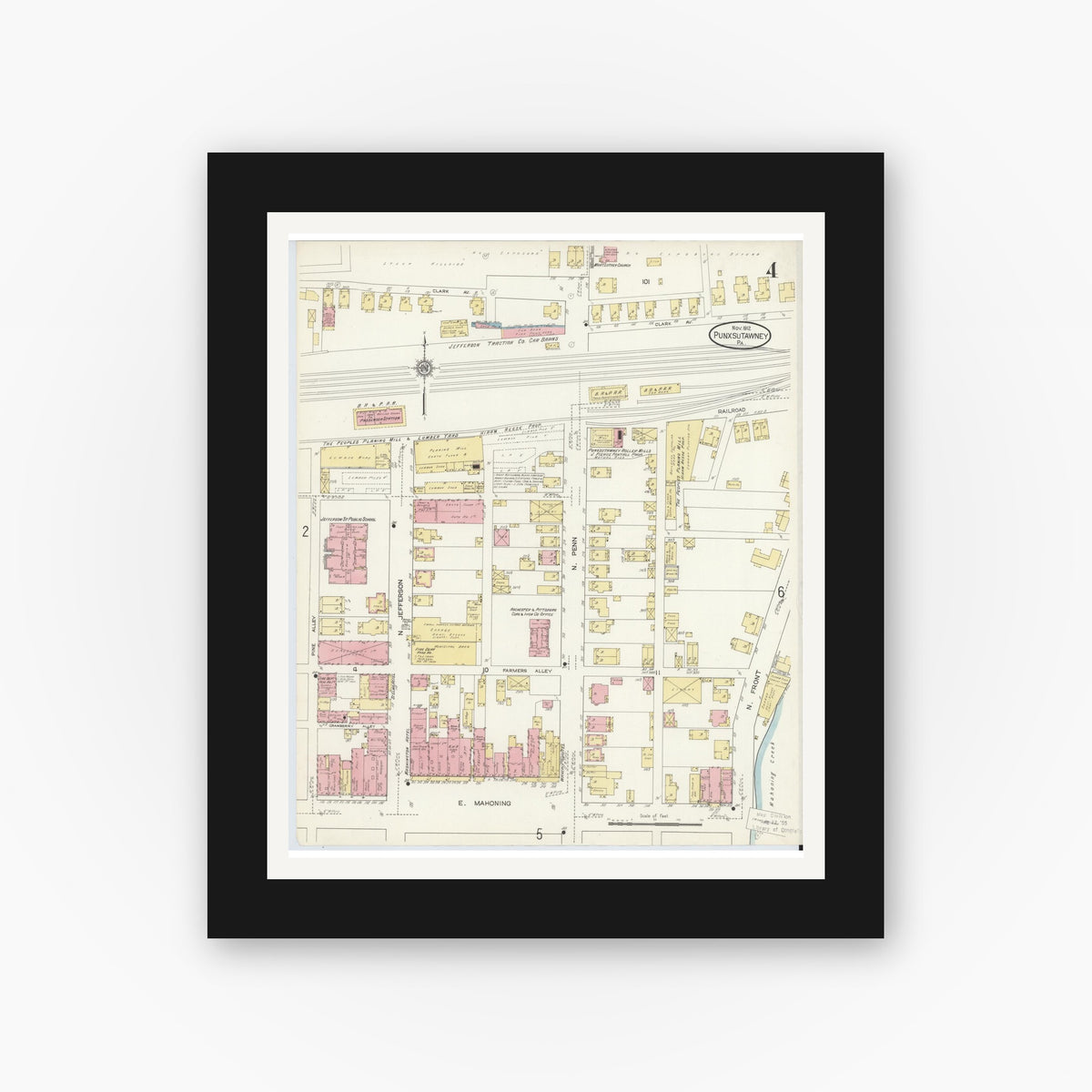 Old map wall art mockup — black gallery frame with white mat — Sanborn Fire Insurance Map from Punxsutawney, Jefferson County, Pennsylvania (1912), Sheet #0004