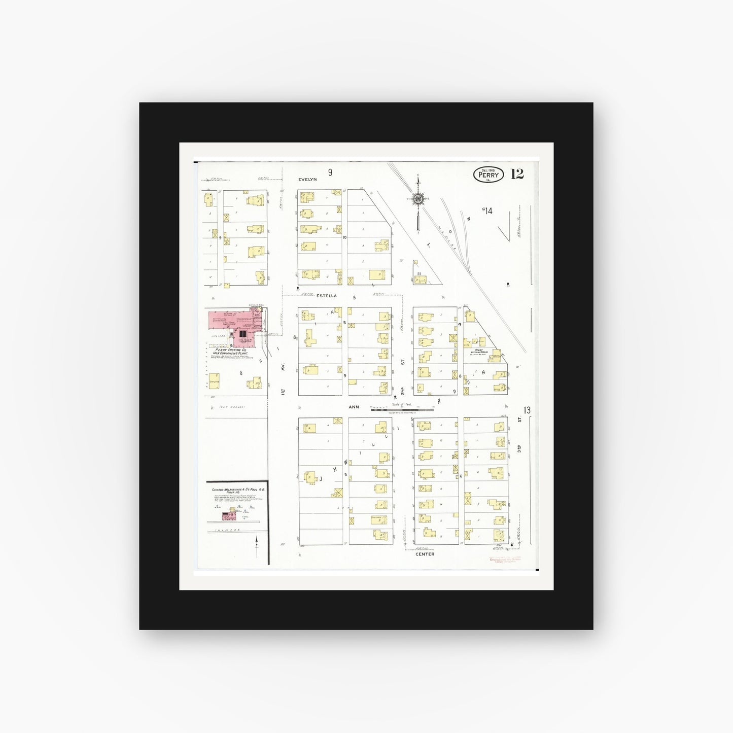 Old map wall art mockup β black gallery frame with white mat β Sanborn Fire Insurance Map from Perry, Dallas County, Iowa (1918), Sheet #0012