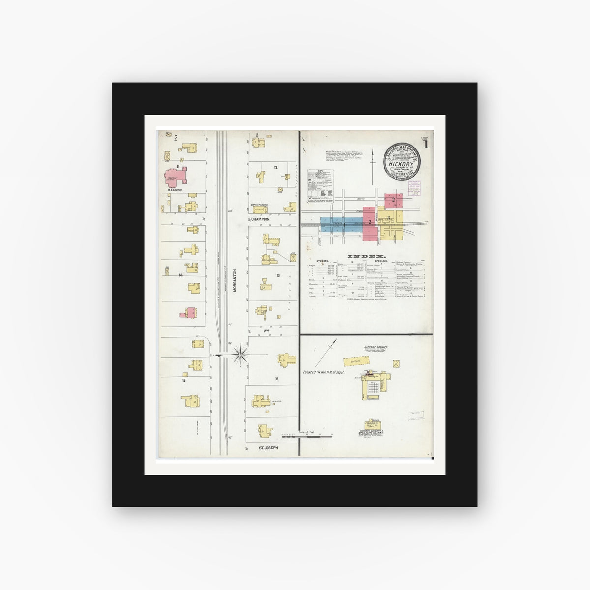 Old map wall art mockup — black gallery frame with white mat — Sanborn Fire Insurance Map from Hickory, Catawba County, North Carolina (1902) - Complete Map Set