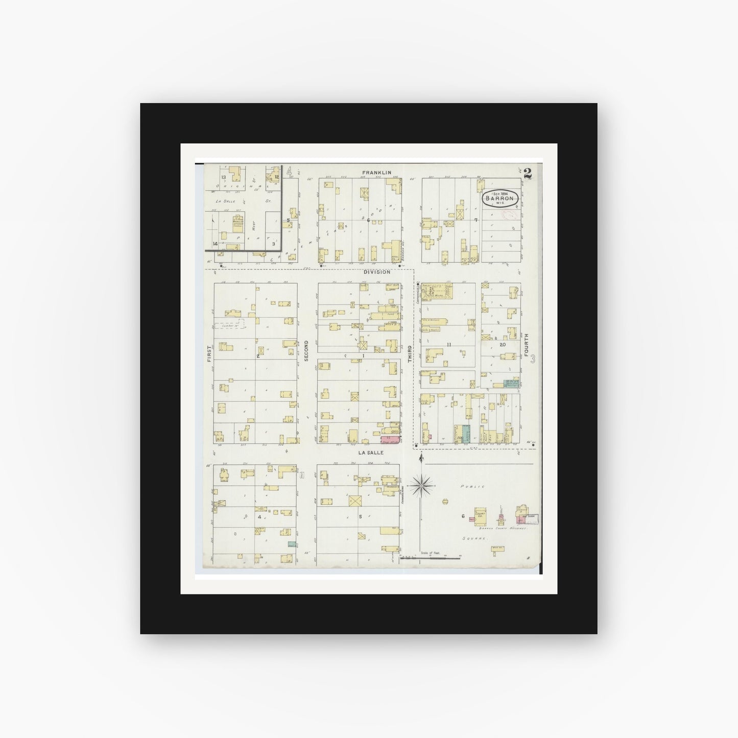 Old map wall art mockup — black gallery frame with white mat — Sanborn Fire Insurance Map from Barron, Barron County, Wisconsin (1894), Sheet #0002