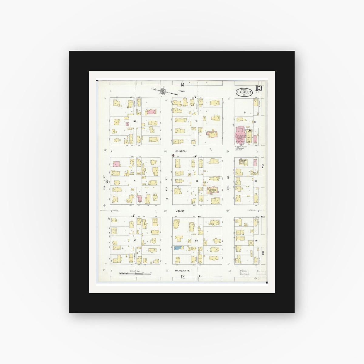 Old map wall art mockup — black gallery frame with white mat — Sanborn Fire Insurance Map from La Salle, La Salle County, Illinois (1911), Sheet #0013