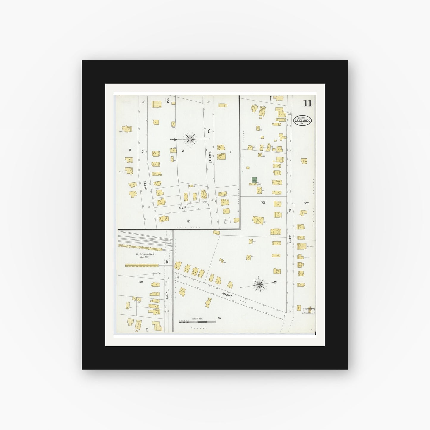Old map wall art mockup — black gallery frame with white mat — Sanborn Fire Insurance Map from Lakewood, Ocean County, New Jersey (1901), Sheet #0011
