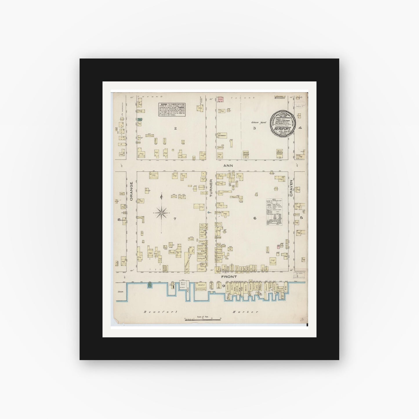 Old map wall art mockup — black gallery frame with white mat — Sanborn Fire Insurance Map from Beaufort, Carteret County, North Carolina (1885), Sheet #0001