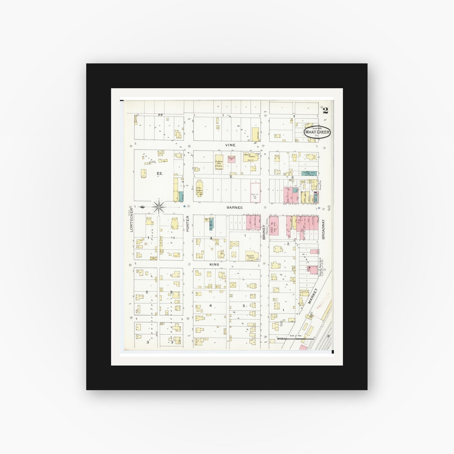 Old map wall art mockup — black gallery frame with white mat — Sanborn Fire Insurance Map from What Cheer, Keokuk County, Iowa (1893), Sheet #0002