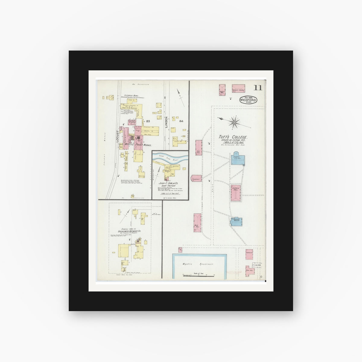 Old map wall art mockup — black gallery frame with white mat — Sanborn Fire Insurance Map from Medford, Middlesex County, Massachusetts (1892), Sheet #0011