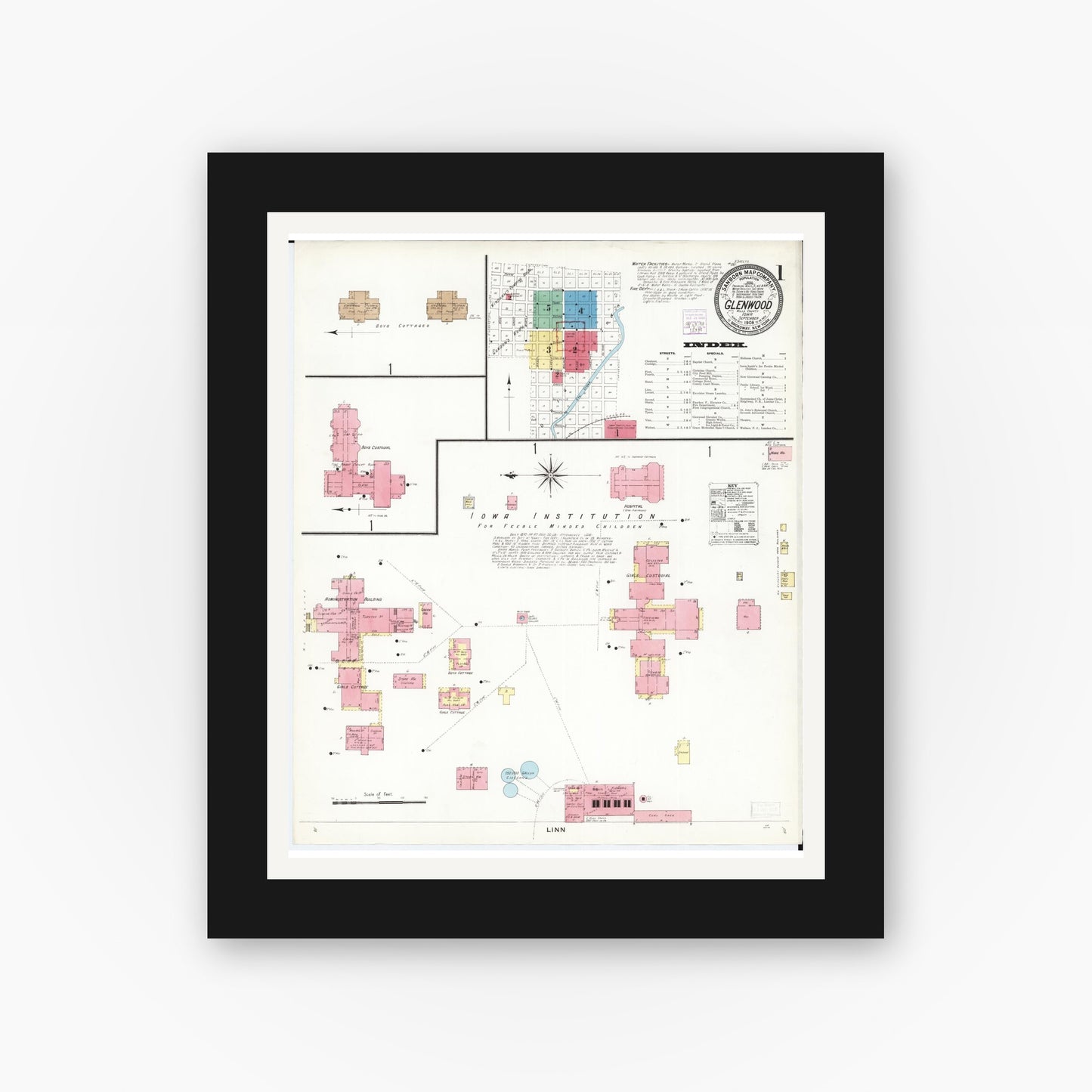 Old map wall art mockup — black gallery frame with white mat — Sanborn Fire Insurance Map from Glenwood, Mills County, Iowa (1908) — Complete Set