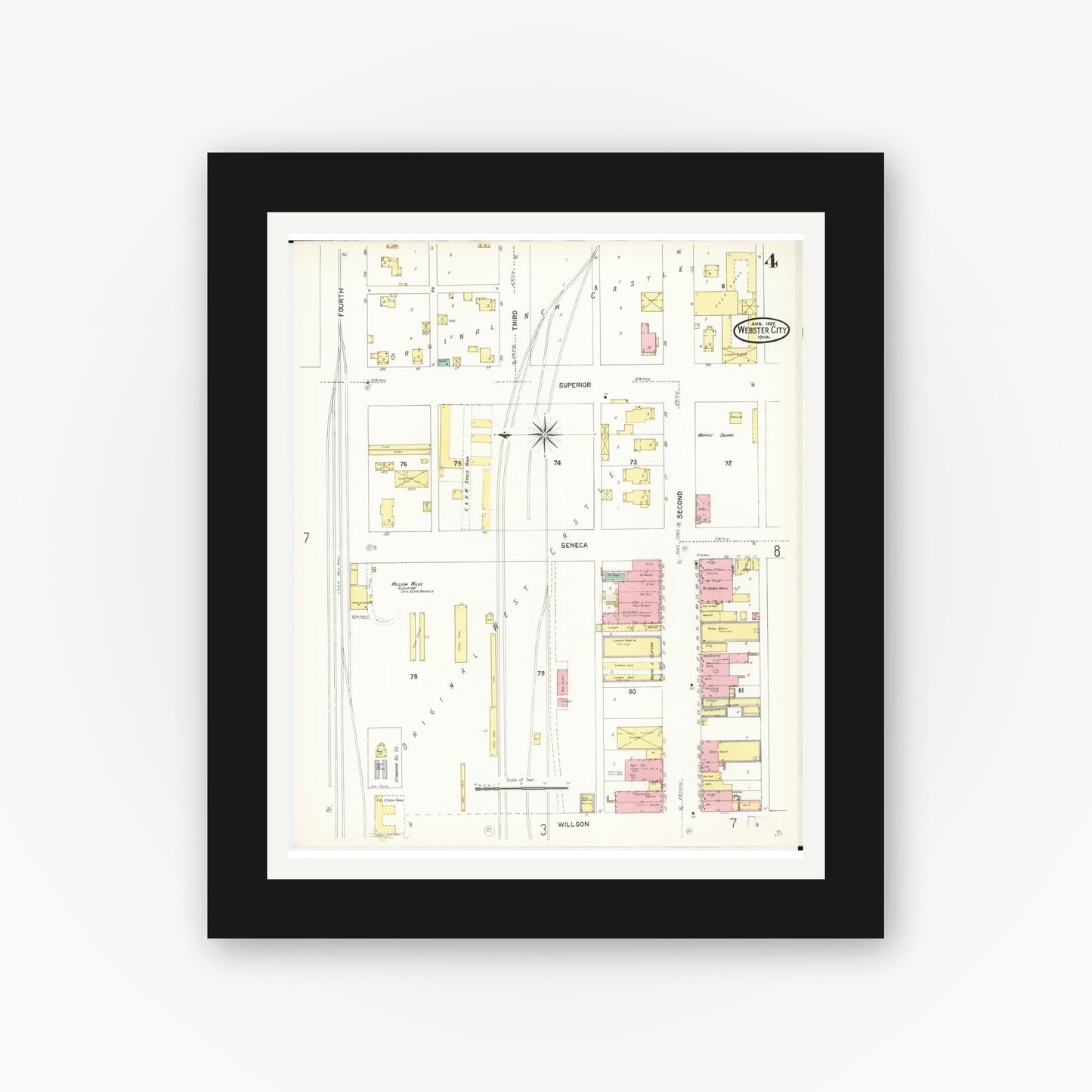Old map wall art mockup — black gallery frame with white mat — Sanborn Fire Insurance Map from Webster City, Hamilton County, Iowa (1907), Sheet #0004