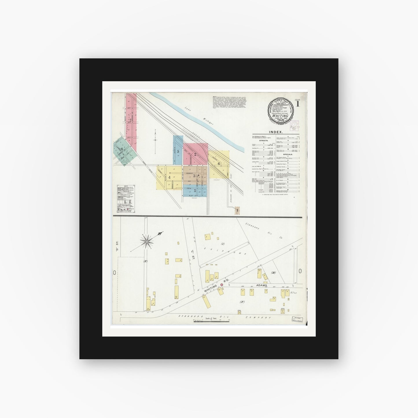 Old map wall art mockup — black gallery frame with white mat — Sanborn Fire Insurance Map from Whiting, Lake County, Indiana (1901) - Complete Map Set