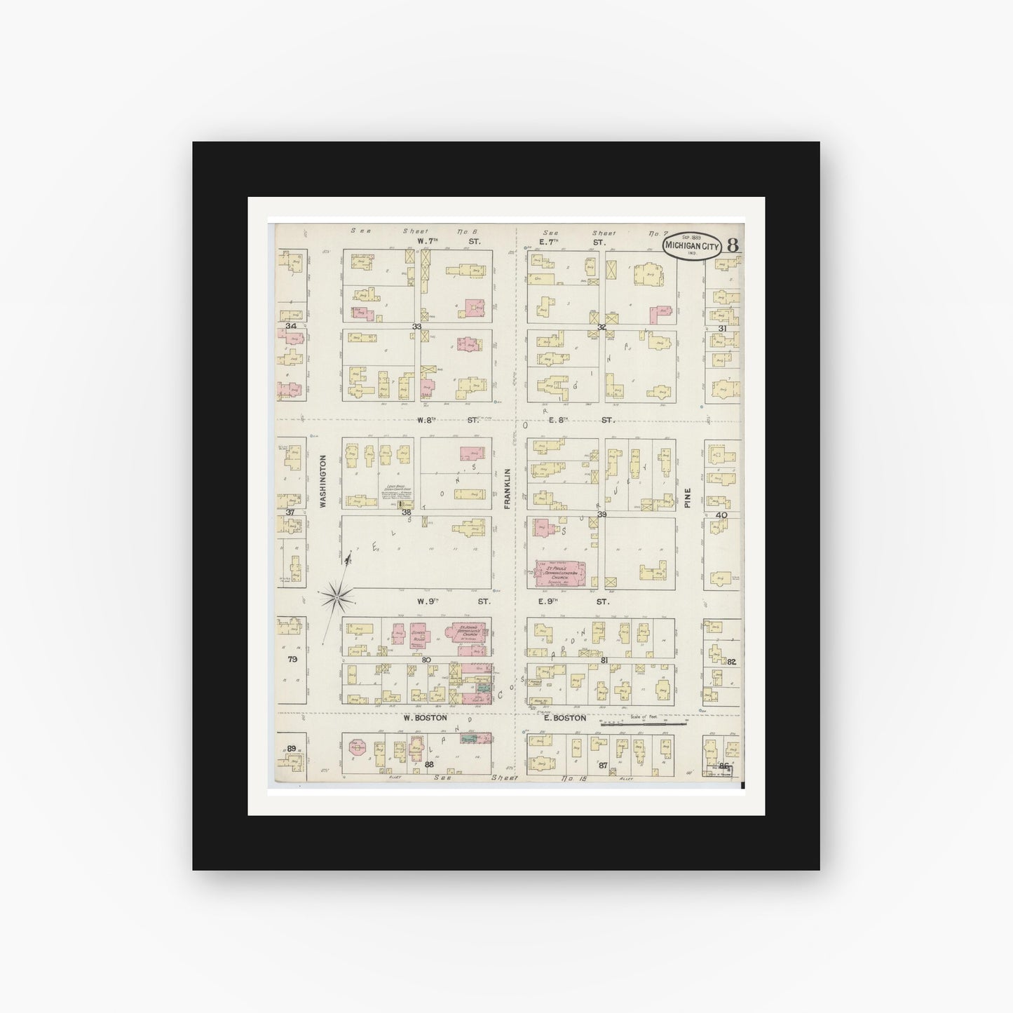 Old map wall art mockup — black gallery frame with white mat — Sanborn Fire Insurance Map from Michigan City, La Porte County, Indiana (1889), Sheet #0008
