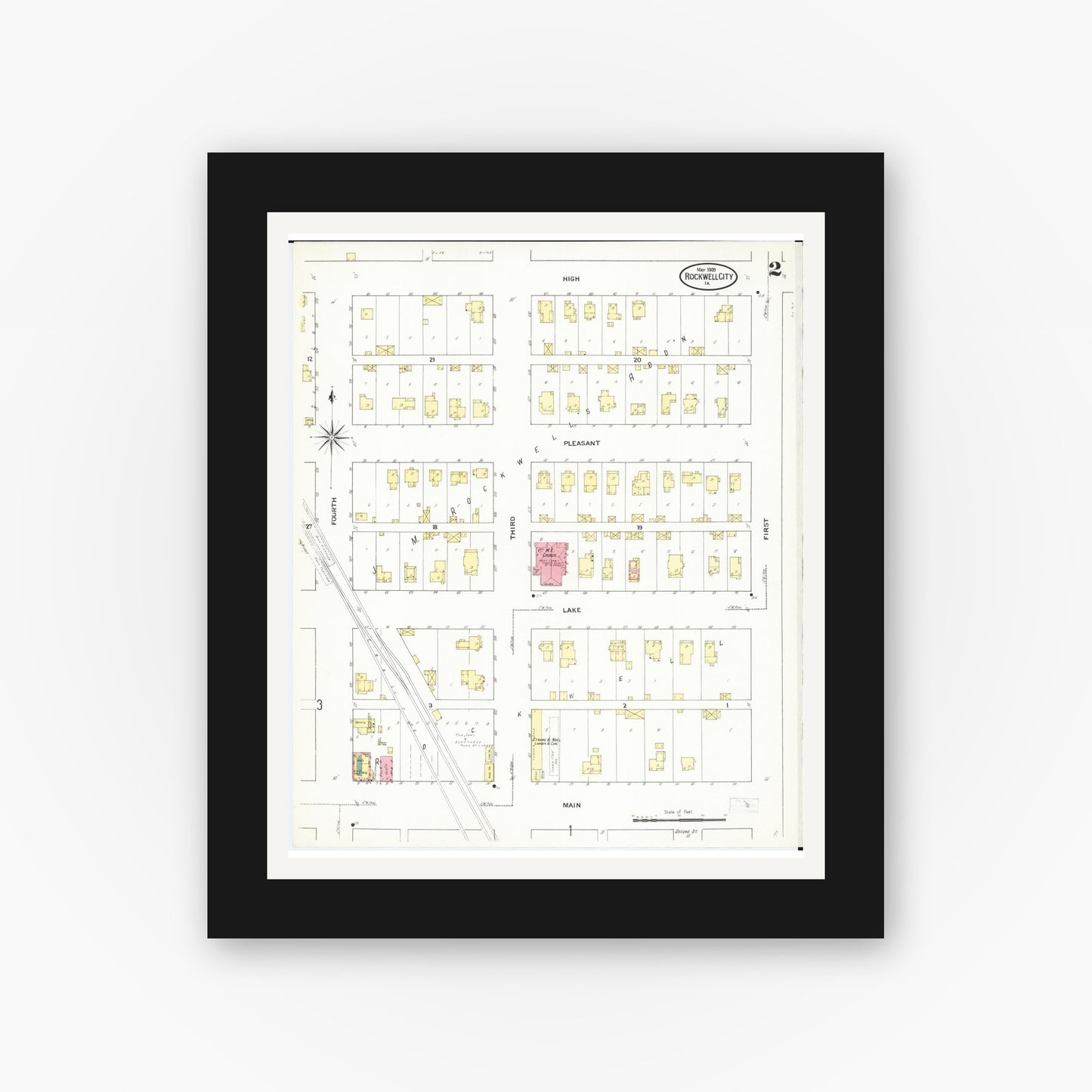 Old map wall art mockup — black gallery frame with white mat — Sanborn Fire Insurance Map from Rockwell City, Calhoun County, Iowa (1909), Sheet #0002