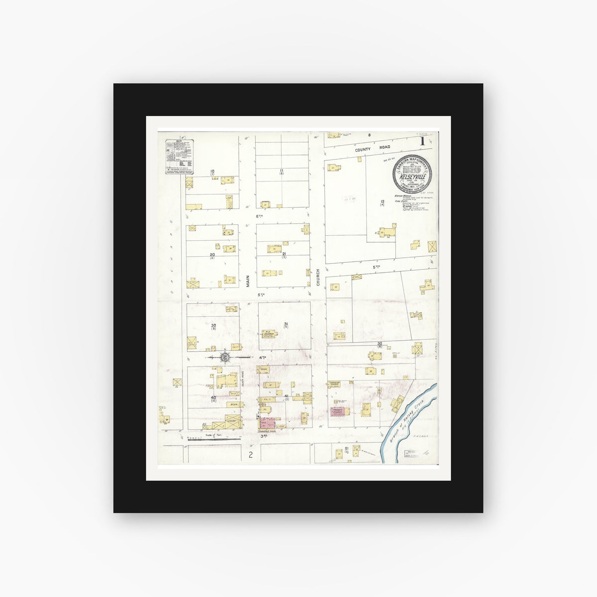 Old map wall art mockup — black gallery frame with white mat — Sanborn Fire Insurance Map from Kelseyville, Lake County, California (1911), Sheet #0001