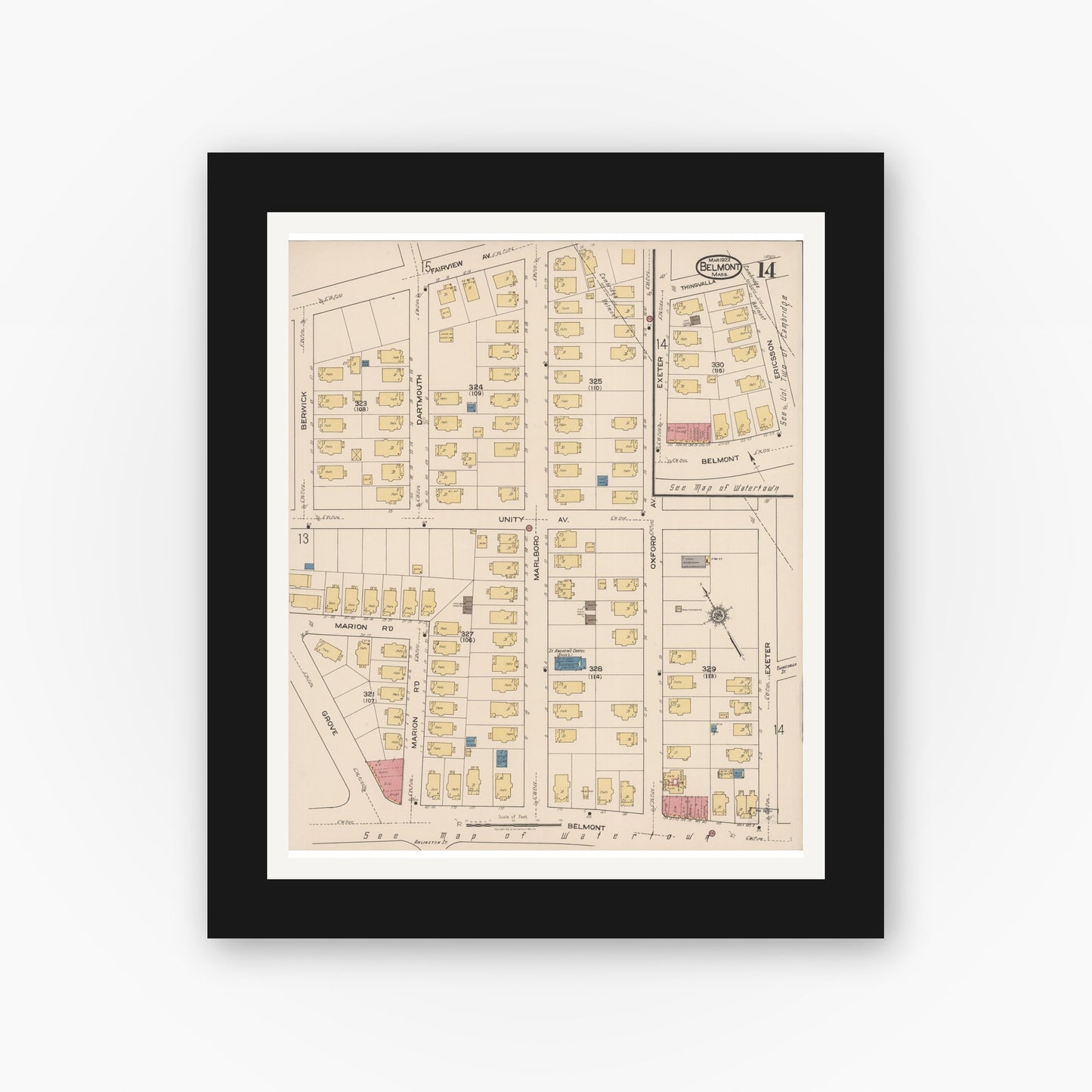 Old map wall art mockup — black gallery frame with white mat — Sanborn Fire Insurance Map from Belmont, Middlesex County, Massachusetts (1922), Sheet #0014