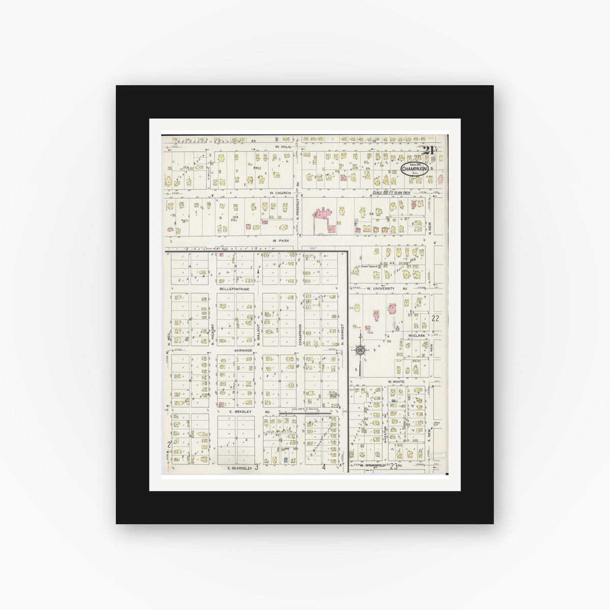 Old map wall art mockup — black gallery frame with white mat — Sanborn Fire Insurance Map from Champaign, Champaign County, Illinois (1915), Sheet #0021