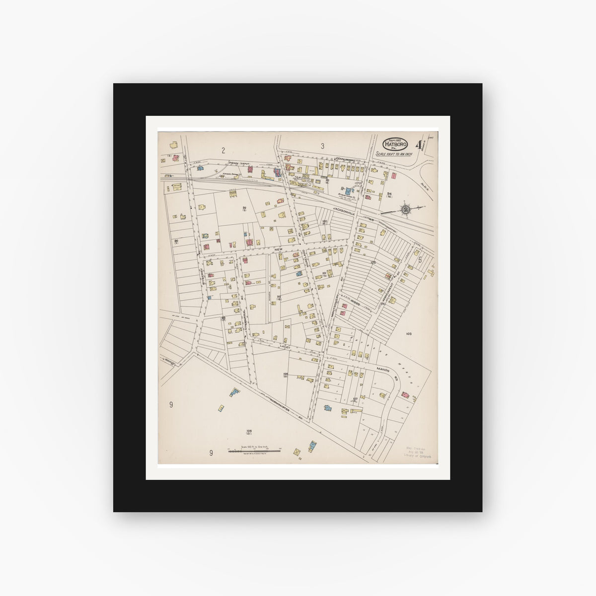 Old map wall art mockup — black gallery frame with white mat — Sanborn Fire Insurance Map from Hatboro, Montgomery County, Pennsylvania (1922), Sheet #0004