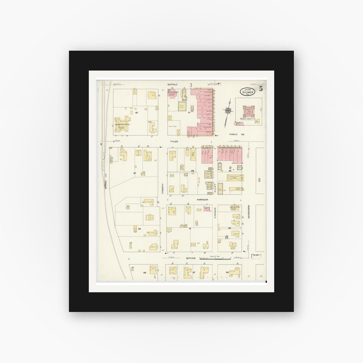Old map wall art mockup — black gallery frame with white mat — Sanborn Fire Insurance Map from Gilmer, Upshur County, Texas (1912), Sheet #0005