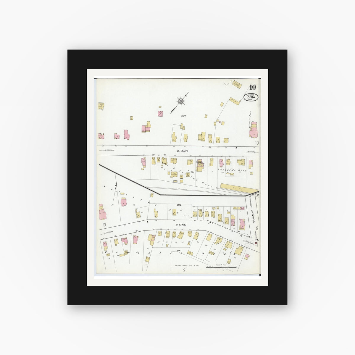 Old map wall art mockup — black gallery frame with white mat — Sanborn Fire Insurance Map from Ionia, Ionia County, Michigan (1920), Sheet #0010