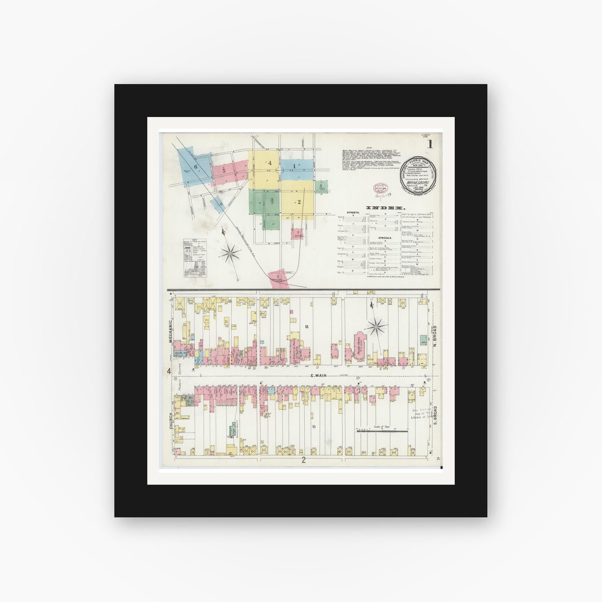 Old map wall art mockup — black gallery frame with white mat — Sanborn Fire Insurance Map from Waynesboro, Franklin County, Pennsylvania (1896) - Complete Map Set