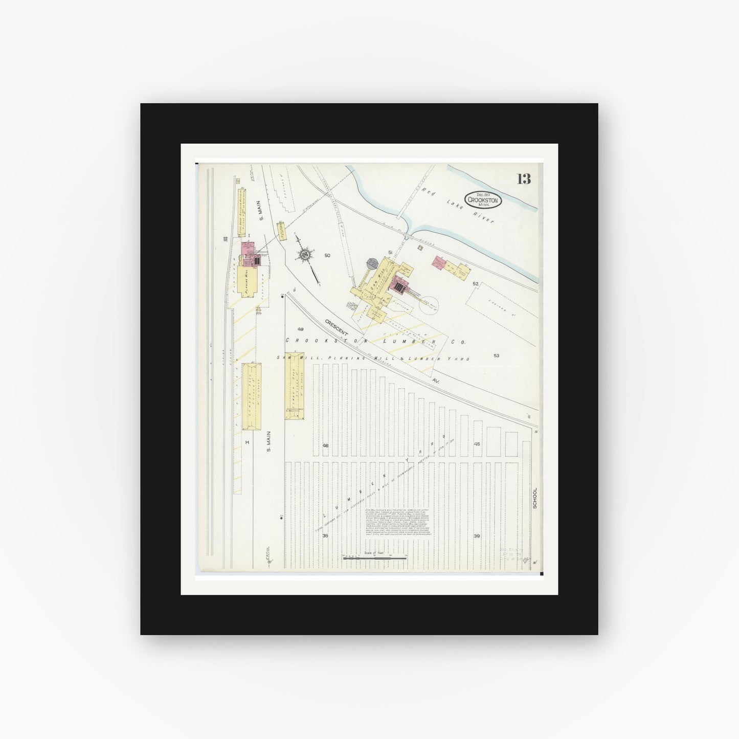 Old map wall art mockup — black gallery frame with white mat — Sanborn Fire Insurance Map from Crookston, Polk County, Minnesota (1913), Sheet #0013