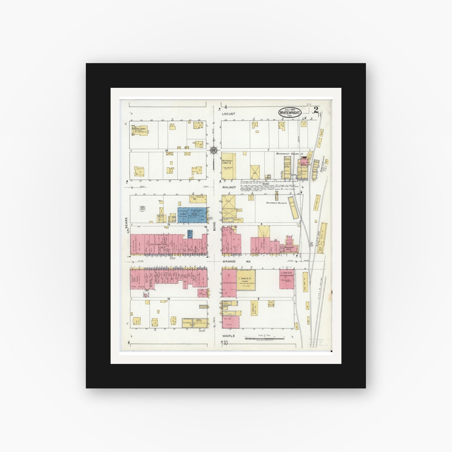 Old map wall art mockup — black gallery frame with white mat — Sanborn Fire Insurance Map from Whitewright, Grayson County, Texas (1920), Sheet #0002