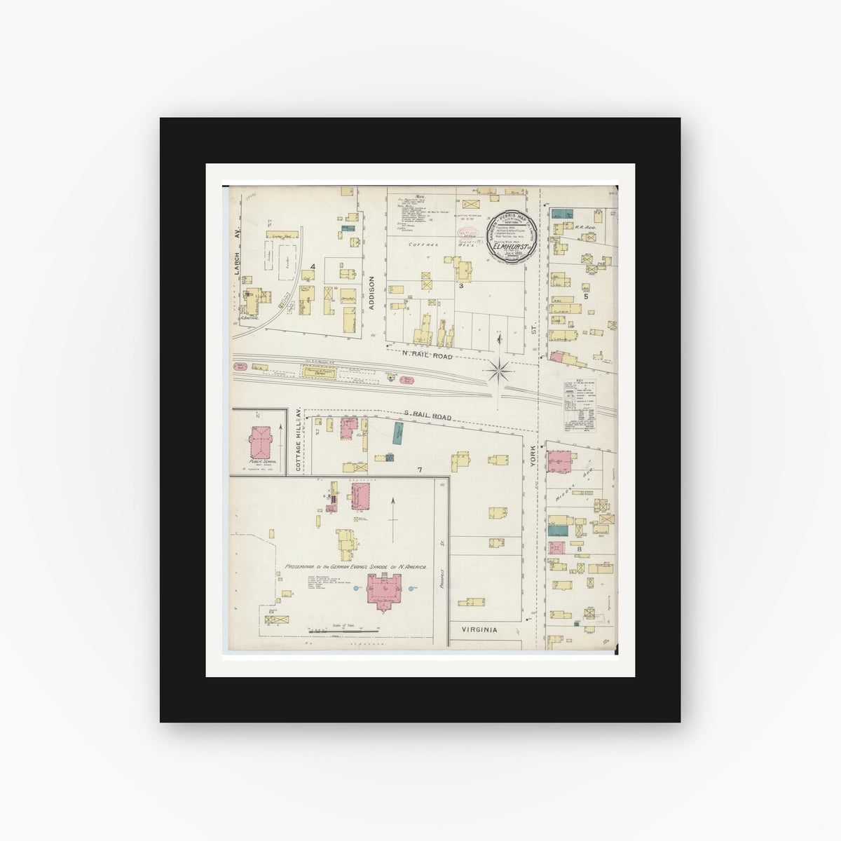 Old map wall art mockup — black gallery frame with white mat — Sanborn Fire Insurance Map from Elmhurst, Du Page County, Illinois (1893), Sheet #0001