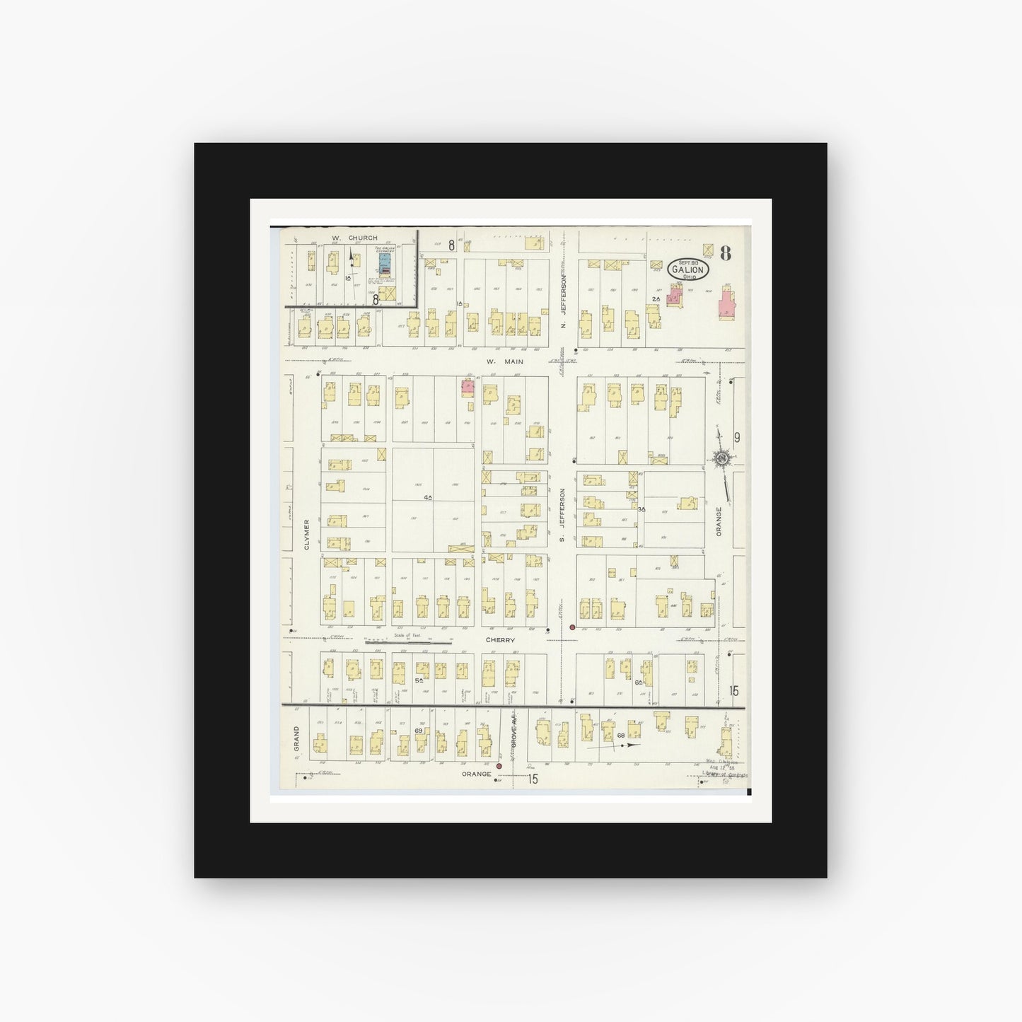 Old map wall art mockup — black gallery frame with white mat — Sanborn Fire Insurance Map from Galion, Crawford County, Ohio (1913), Sheet #0008