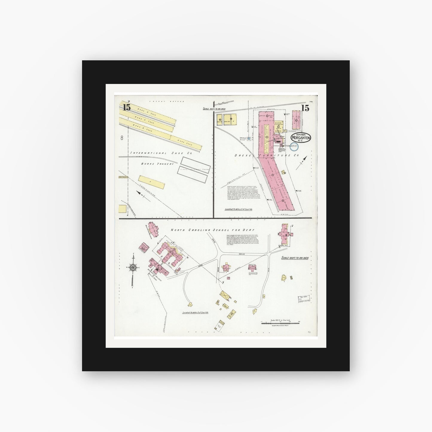 Old map wall art mockup — black gallery frame with white mat — Sanborn Fire Insurance Map from Morganton, Burke County, North Carolina (1924), Sheet #0015