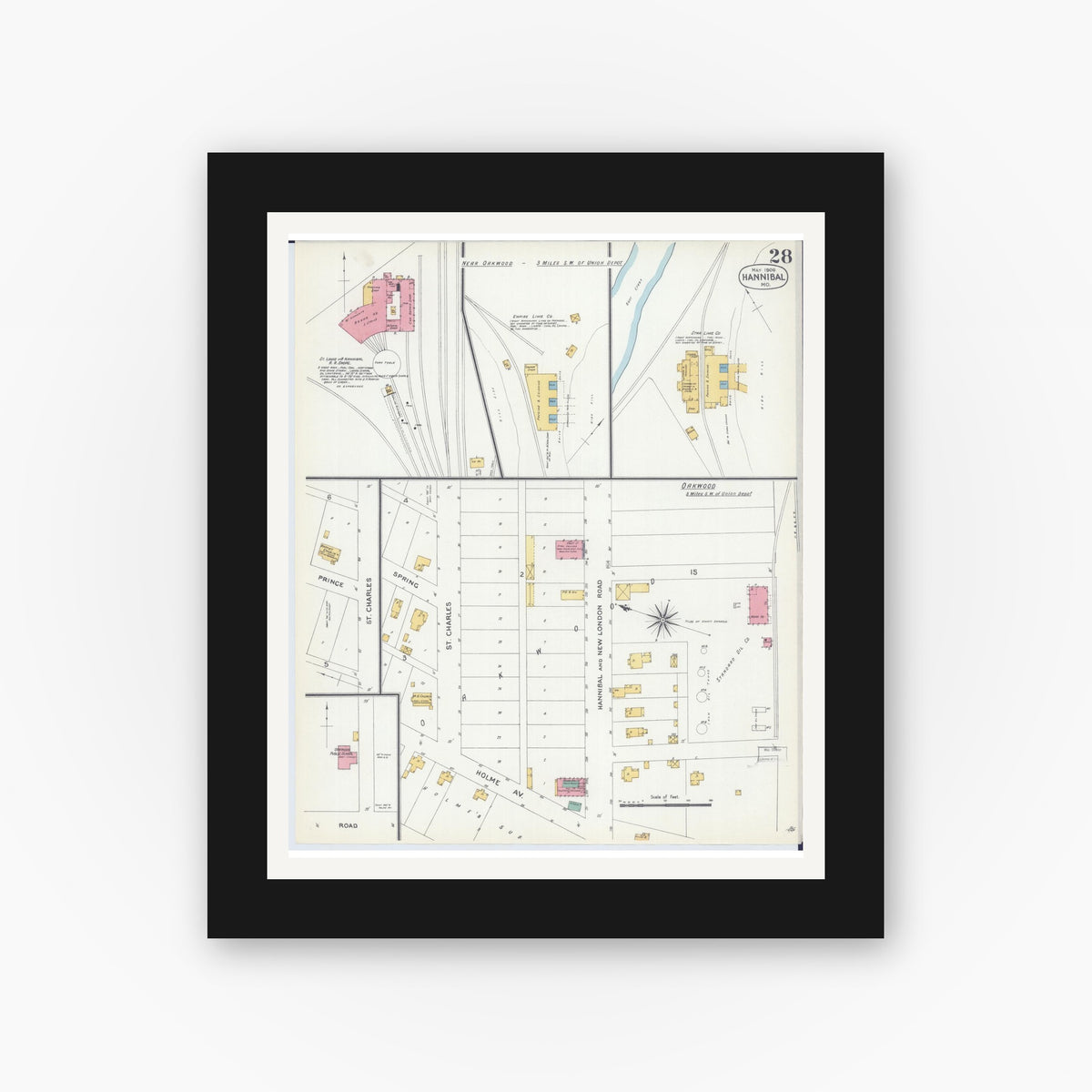 Old map wall art mockup β black gallery frame with white mat β Sanborn Fire Insurance Map from Hannibal, Marion County, Missouri (1906), Sheet #0028