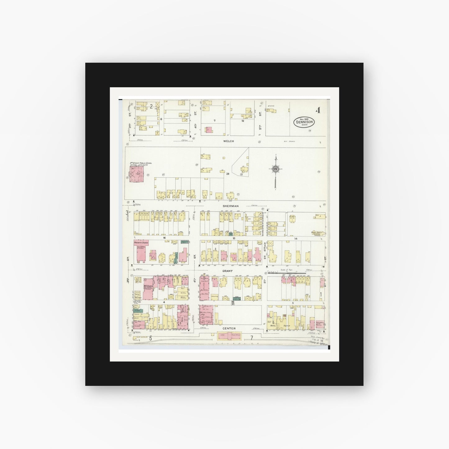Old map wall art mockup — black gallery frame with white mat — Sanborn Fire Insurance Map from Dennison, Tuscarawas County, Ohio (1909), Sheet #0004