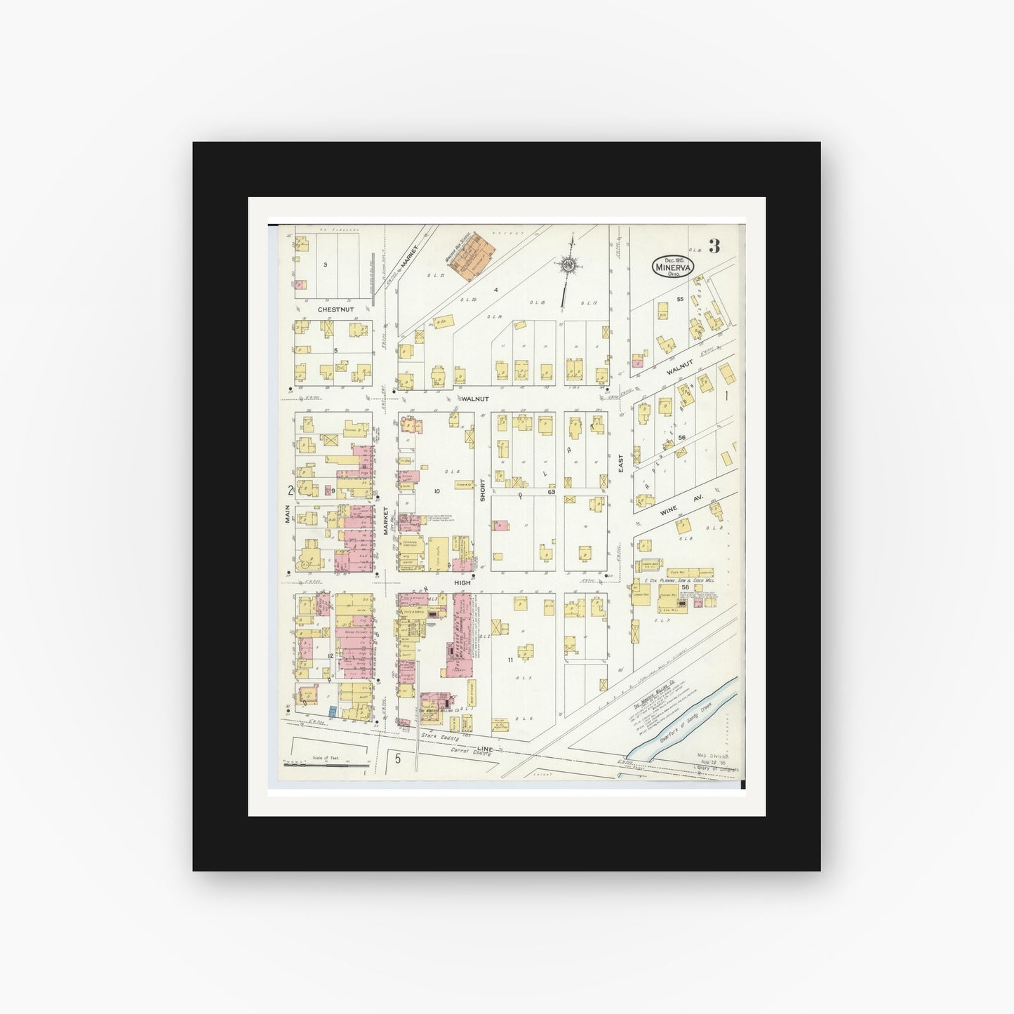 Old map wall art mockup — black gallery frame with white mat — Sanborn Fire Insurance Map from Minerva, Stark And Carroll Counties, Ohio (1915), Sheet #0003