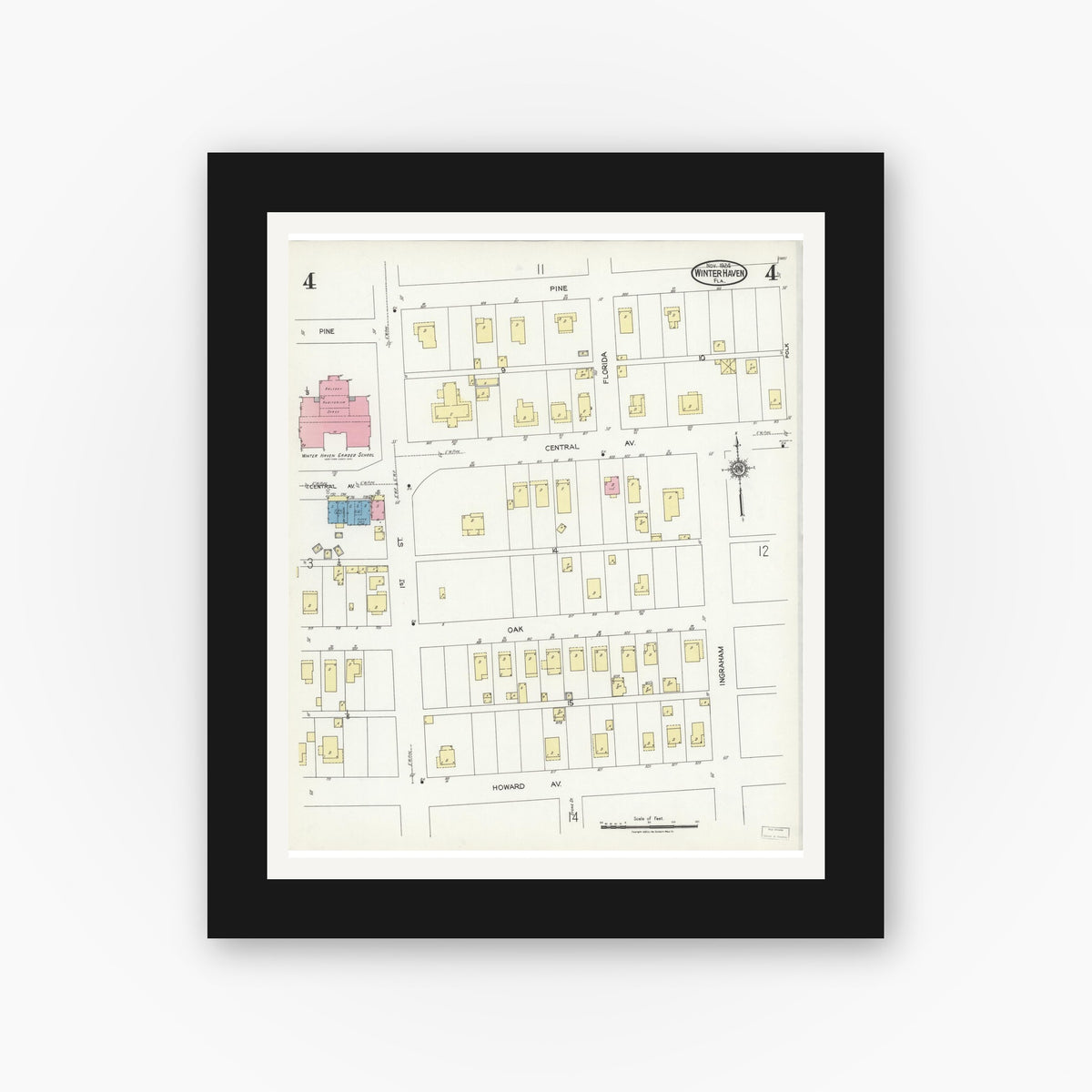 Old map wall art mockup — black gallery frame with white mat — Sanborn Fire Insurance Map from Winter Haven, Polk County, Florida (1924), Sheet #0004