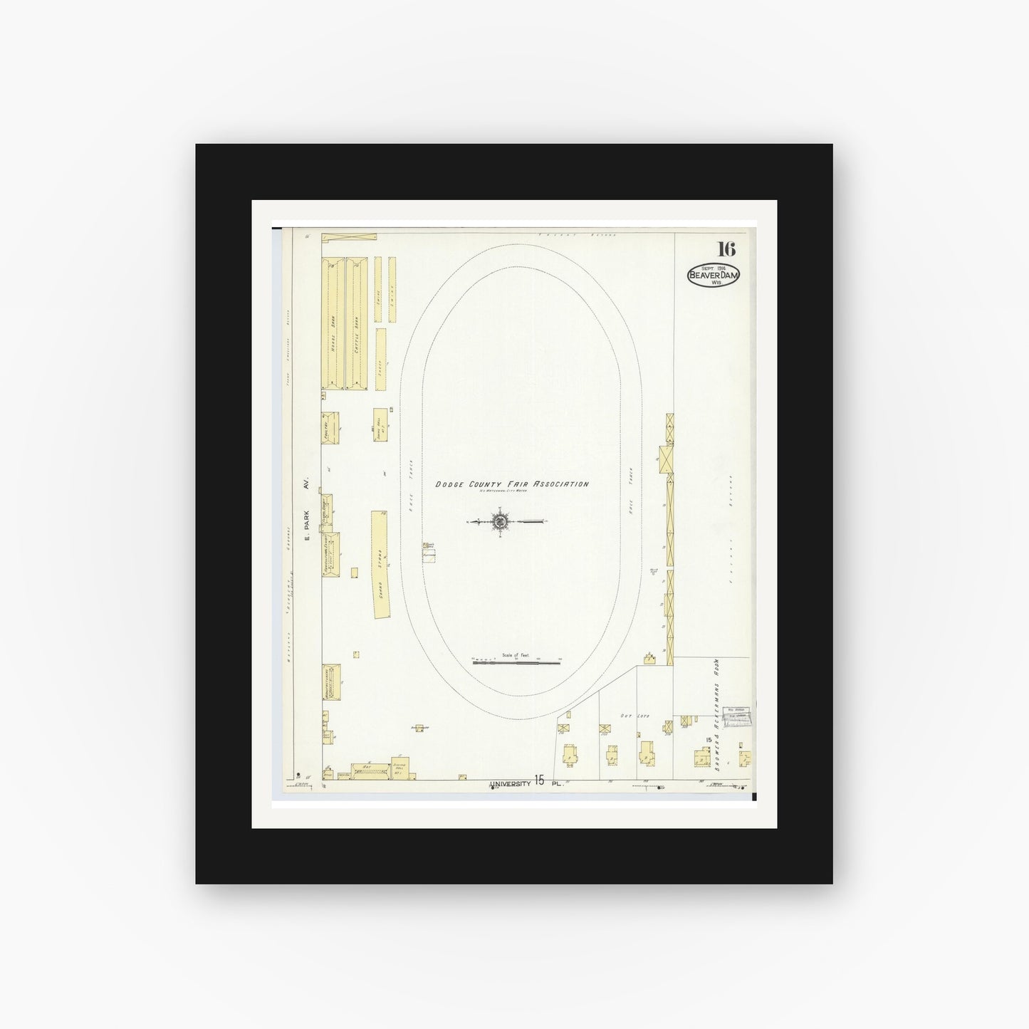 Old map wall art mockup — black gallery frame with white mat — Sanborn Fire Insurance Map from Beaver Dam, Dodge County, Wisconsin (1914), Sheet #0016