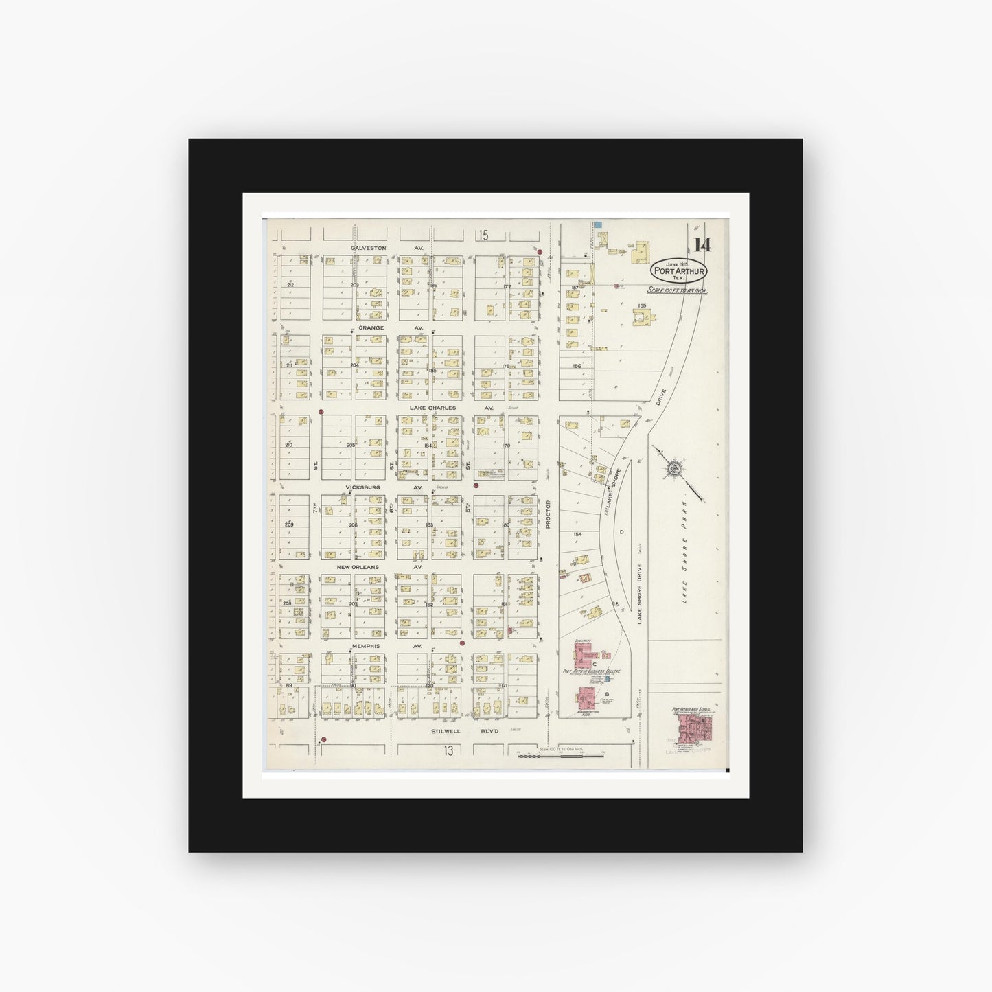 Old map wall art mockup — black gallery frame with white mat — Sanborn Fire Insurance Map from Port Arthur, Jefferson County, Texas (1915), Sheet #0014