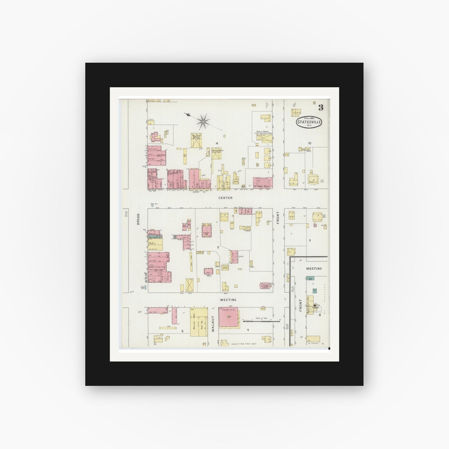 Old map wall art mockup — black gallery frame with white mat — Sanborn Fire Insurance Map from Statesville, Iredell County, North Carolina (1895), Sheet #0003