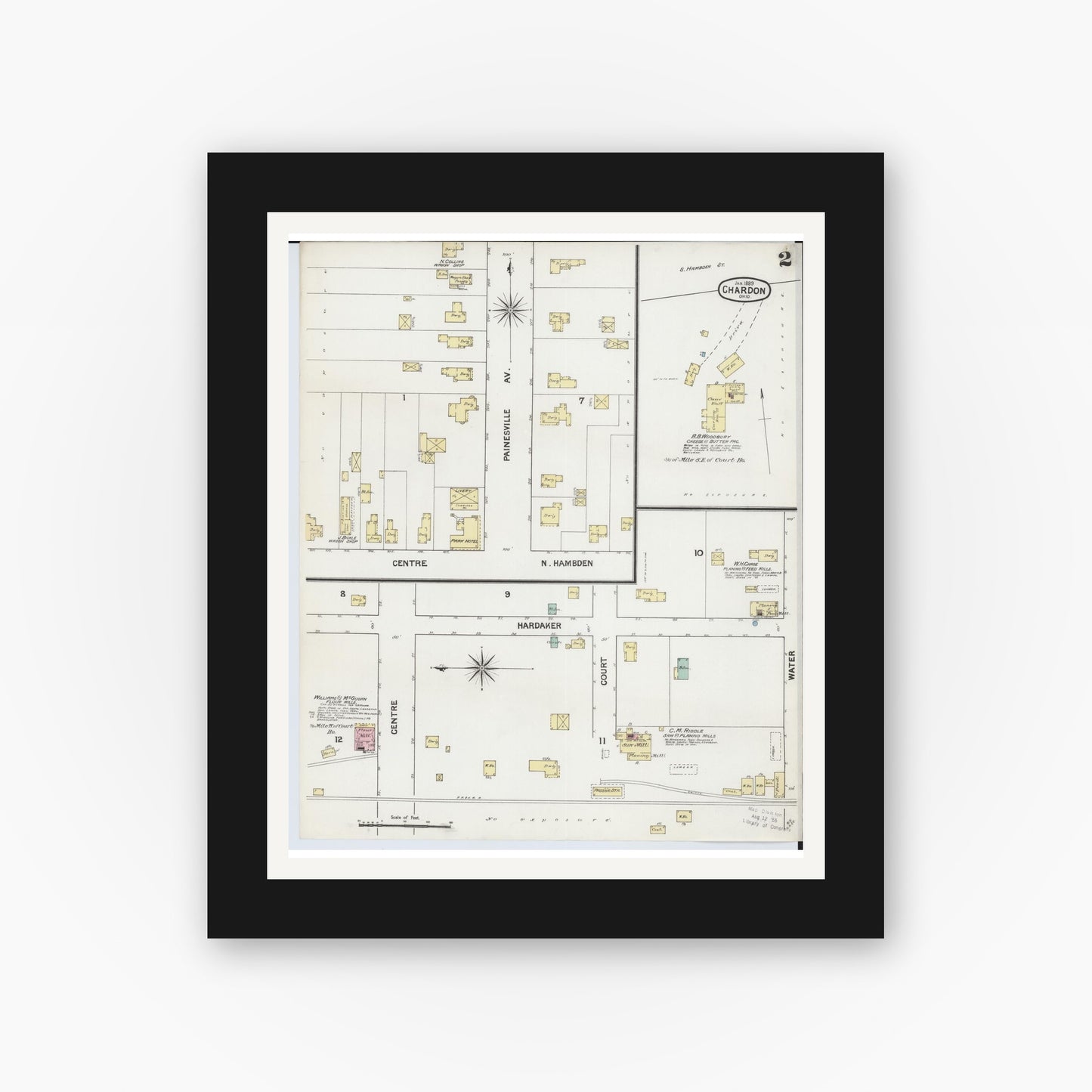 Old map wall art mockup — black gallery frame with white mat — Sanborn Fire Insurance Map from Chardon, Geauga County, Ohio (1889), Sheet #0002