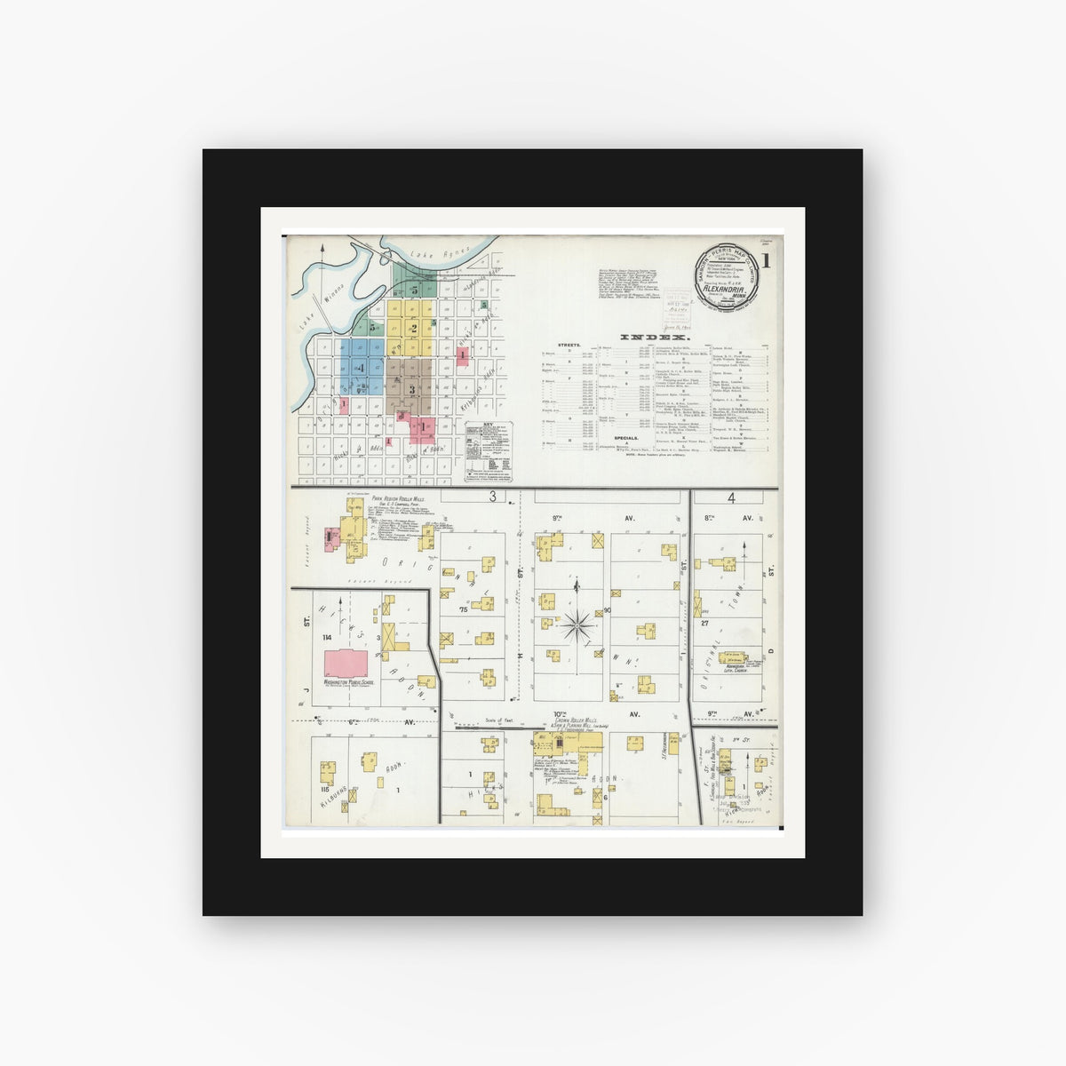 Old map wall art mockup — black gallery frame with white mat — Sanborn Fire Insurance Map from Alexandria, Douglas County, Minnesota (1899) - Complete Map Set