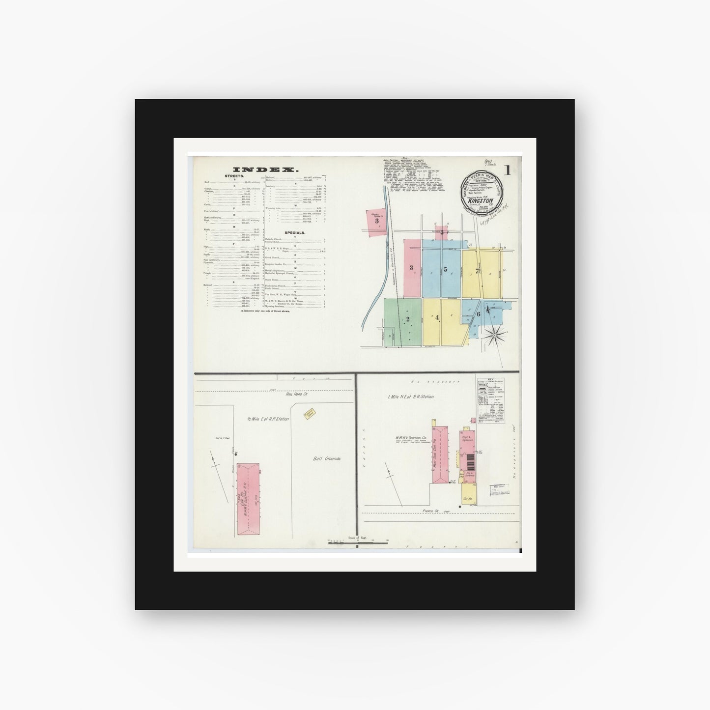 Old map wall art mockup — black gallery frame with white mat — Sanborn Fire Insurance Map from Kingston, Luzerne County, Pennsylvania (1896) - Complete Map Set