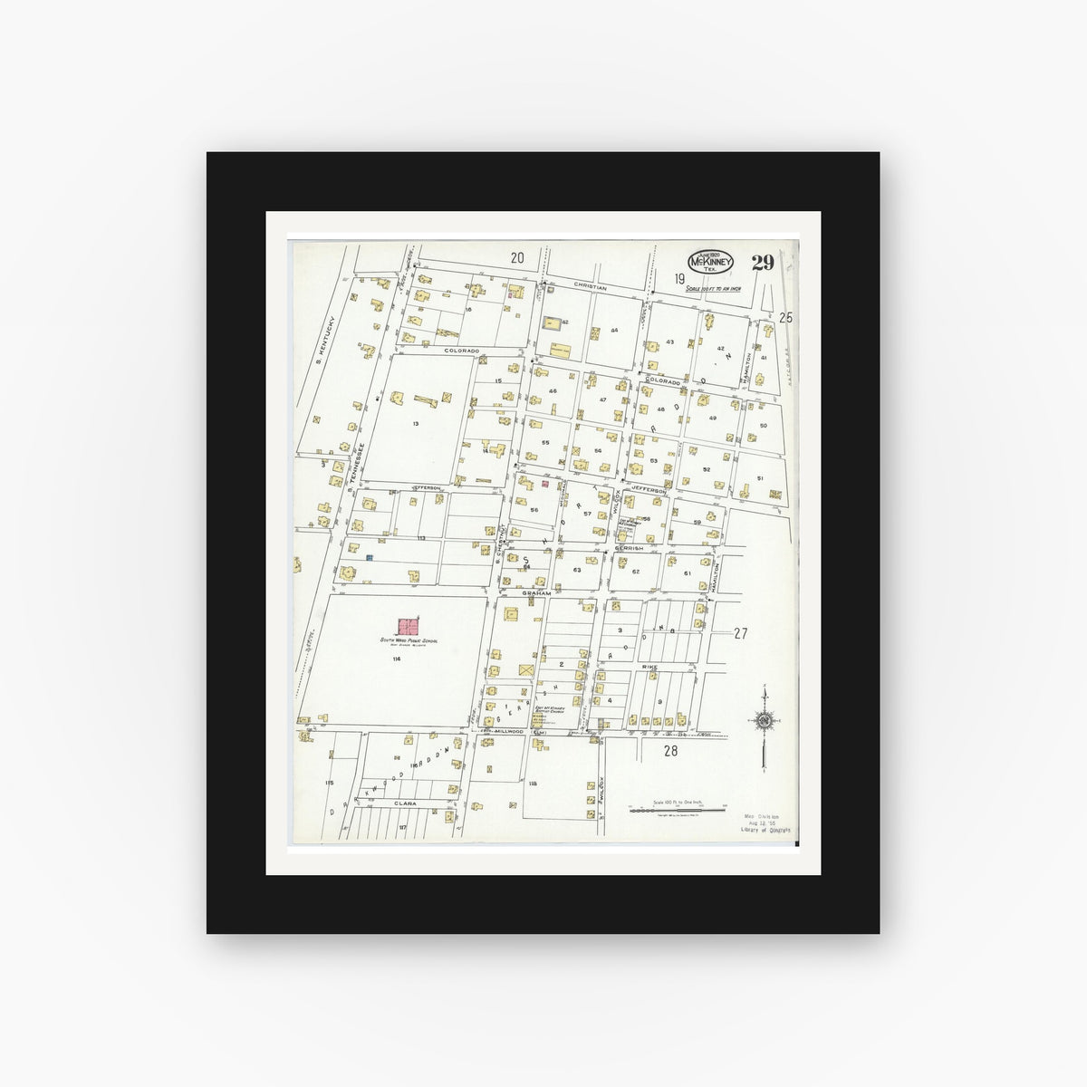 Old map wall art mockup — black gallery frame with white mat — Sanborn Fire Insurance Map from McKinney, Collin County, Texas (1920), Sheet #0029