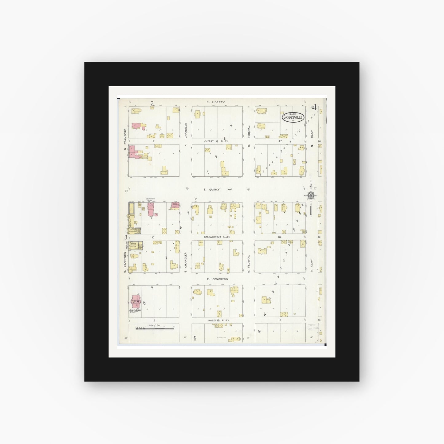 Old map wall art mockup — black gallery frame with white mat — Sanborn Fire Insurance Map from Griggsville, Pike County, Illinois (1913), Sheet #0004