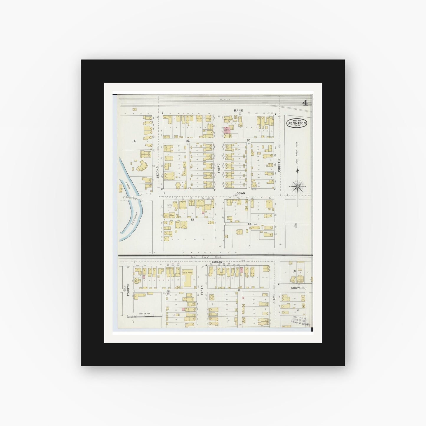 Old map wall art mockup — black gallery frame with white mat — Sanborn Fire Insurance Map from Dennison, Tuscarawas County, Ohio (1895), Sheet #0004