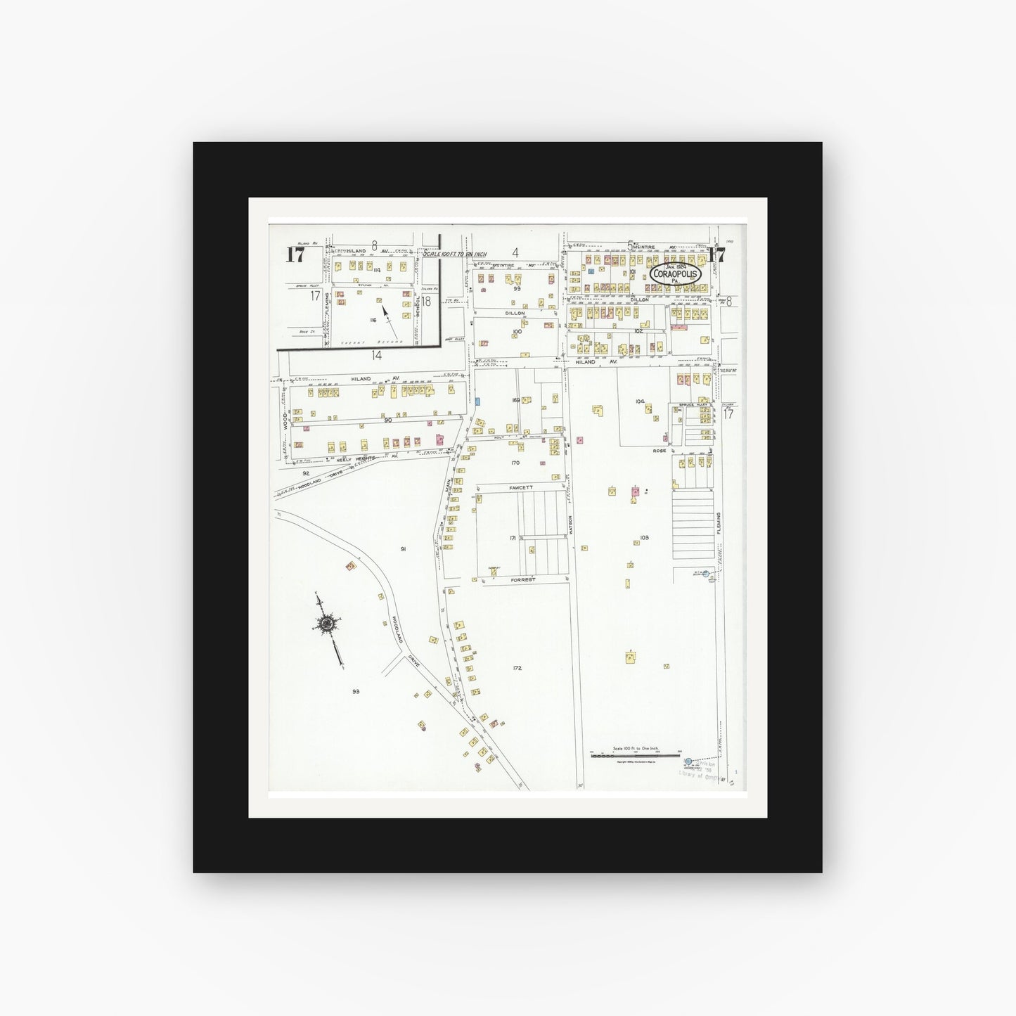 Old map wall art mockup — black gallery frame with white mat — Sanborn Fire Insurance Map from Coraopolis, Allegheny County, Pennsylvania (1924), Sheet #0017