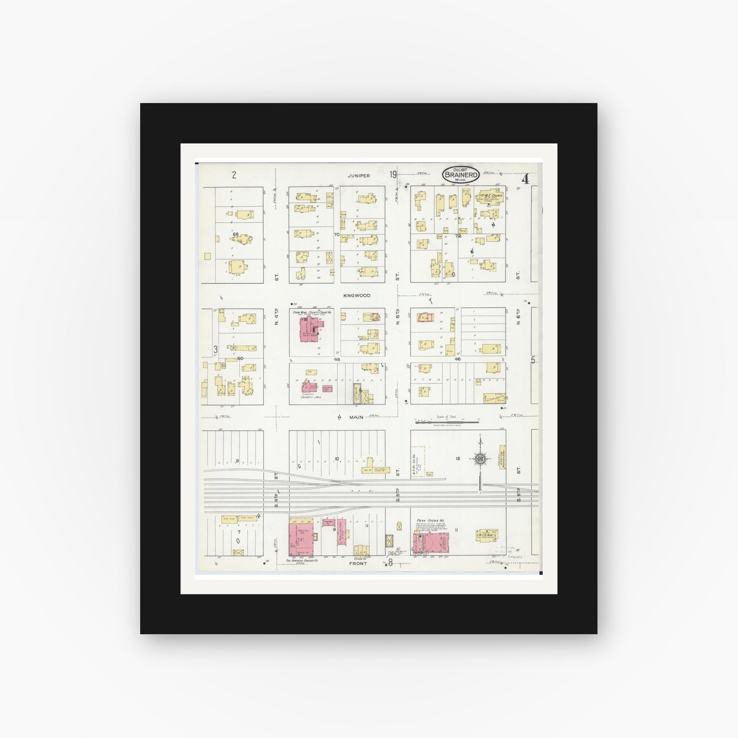 Old map wall art mockup — black gallery frame with white mat — Sanborn Fire Insurance Map from Brainerd, Crow Wing County, Minnesota (1917), Sheet #0004