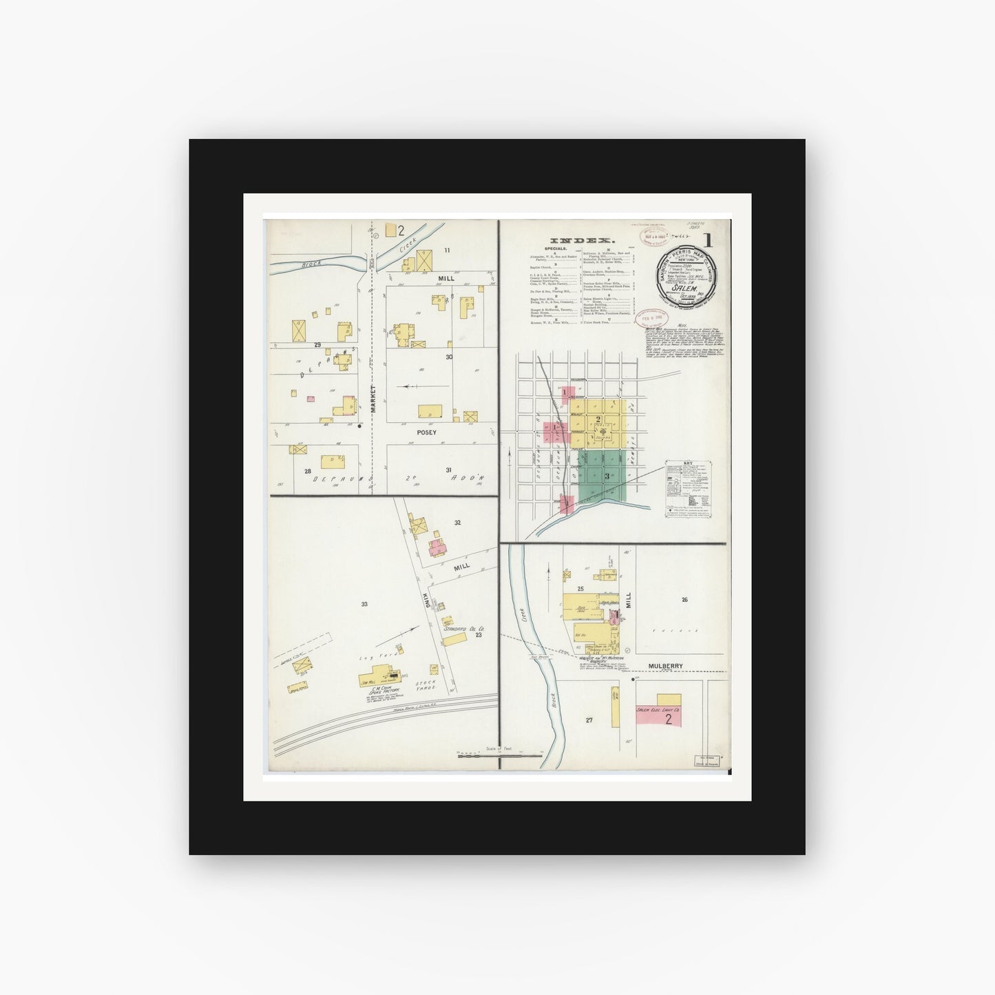 Old map wall art mockup — black gallery frame with white mat — Sanborn Fire Insurance Map from Salem, Washington County, Indiana (1899) - Complete Map Set