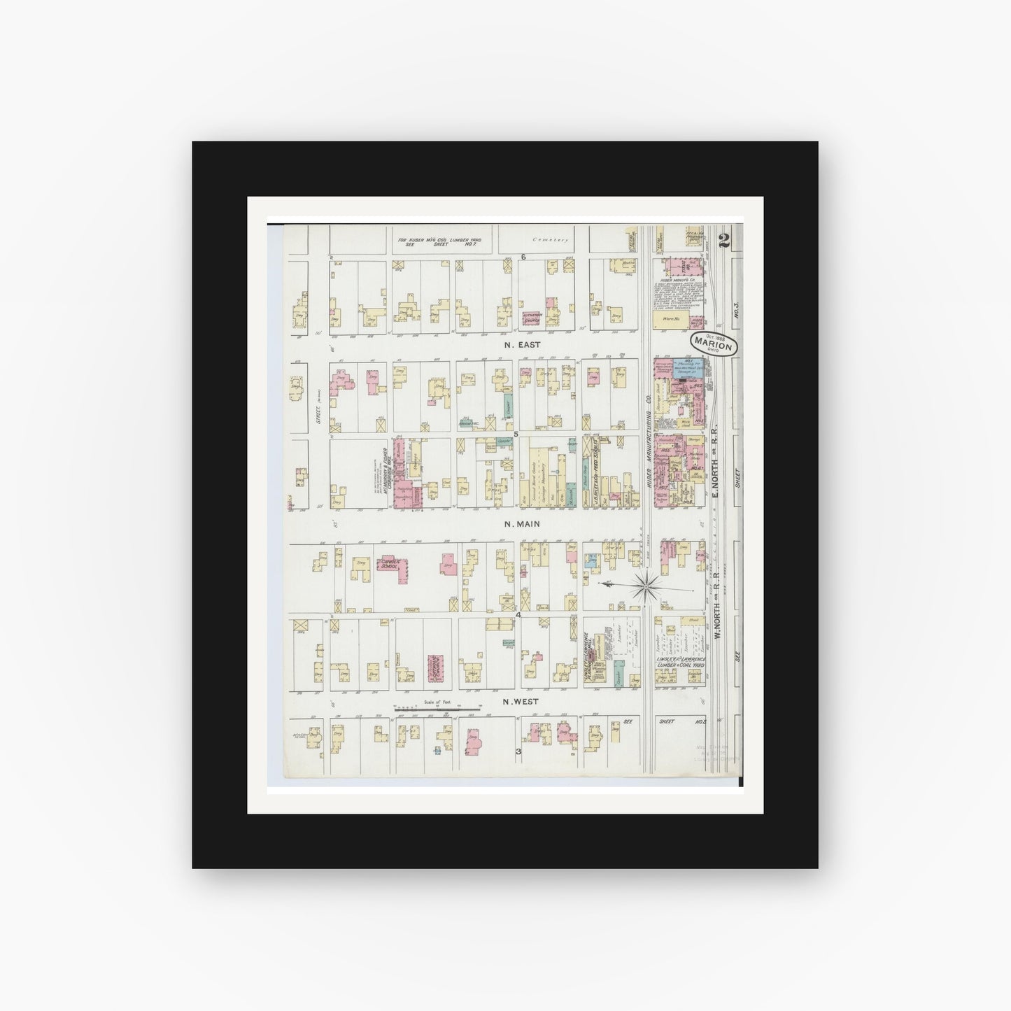 Old map wall art mockup — black gallery frame with white mat — Sanborn Fire Insurance Map from Marion, Marion County, Ohio (1888), Sheet #0002