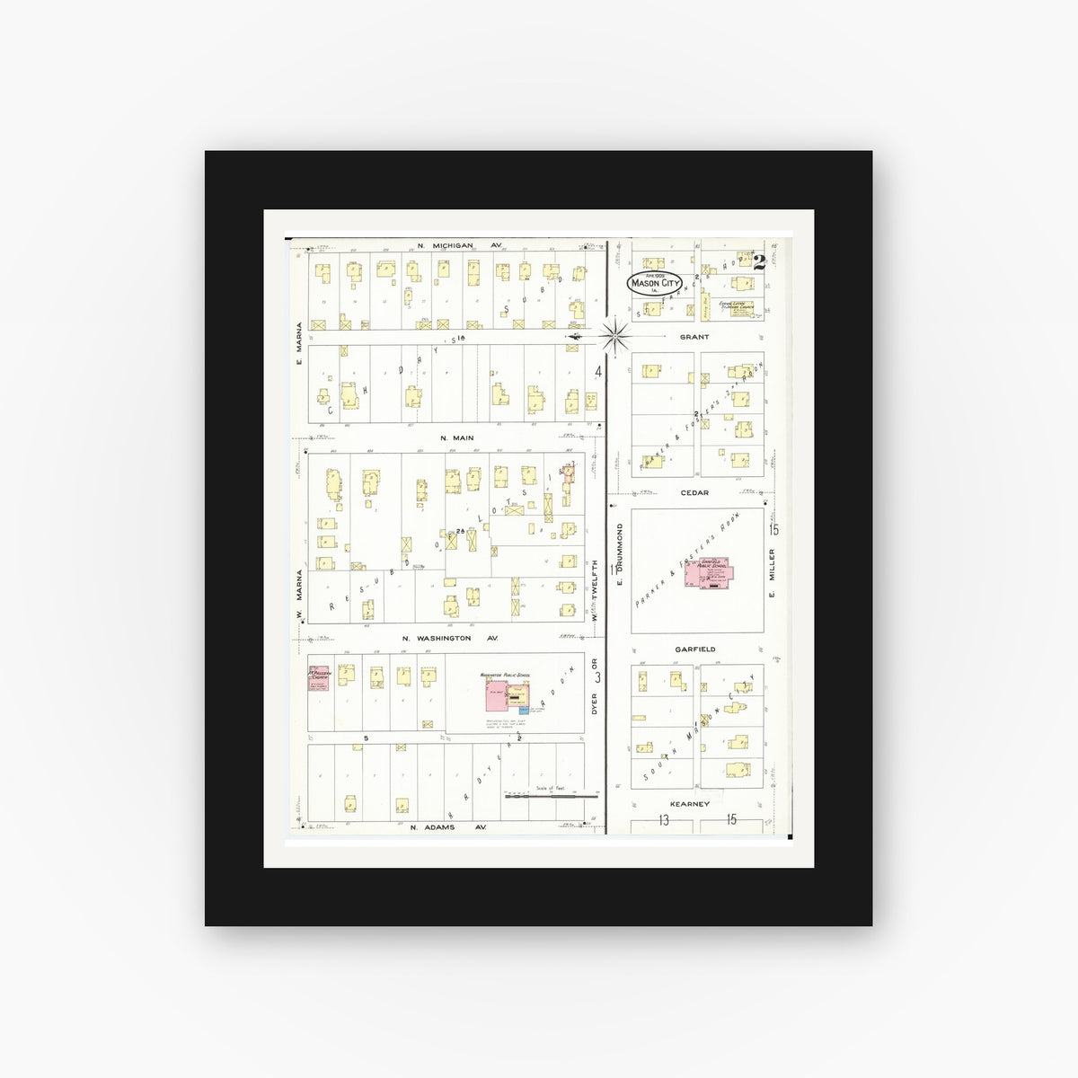Old map wall art mockup — black gallery frame with white mat — Sanborn Fire Insurance Map from Mason City, Cerro Gordo County, Iowa (1909), Sheet #0002