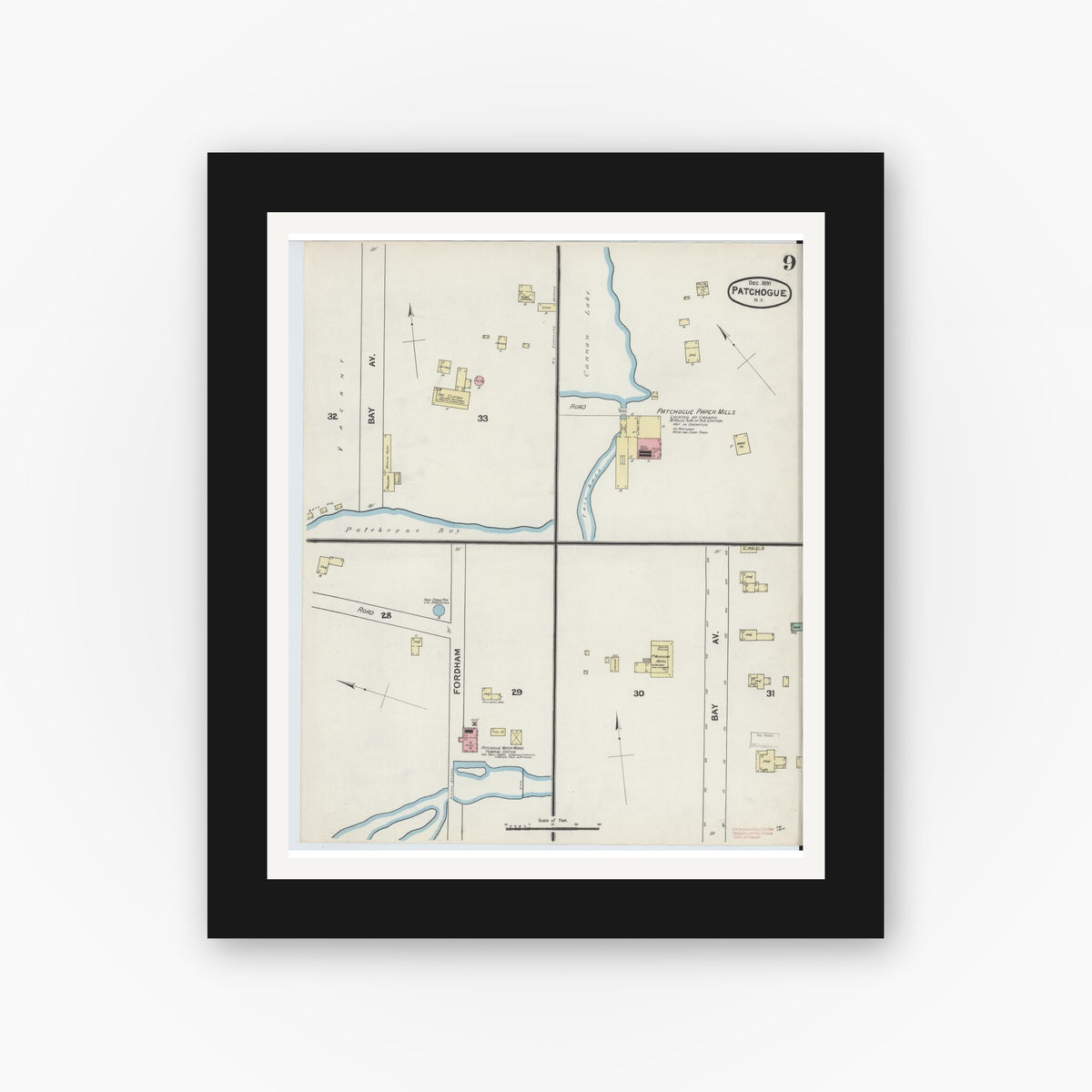 Old map wall art mockup — black gallery frame with white mat — Sanborn Fire Insurance Map from Patchogue, Suffolk County, New York (1891), Sheet #0009